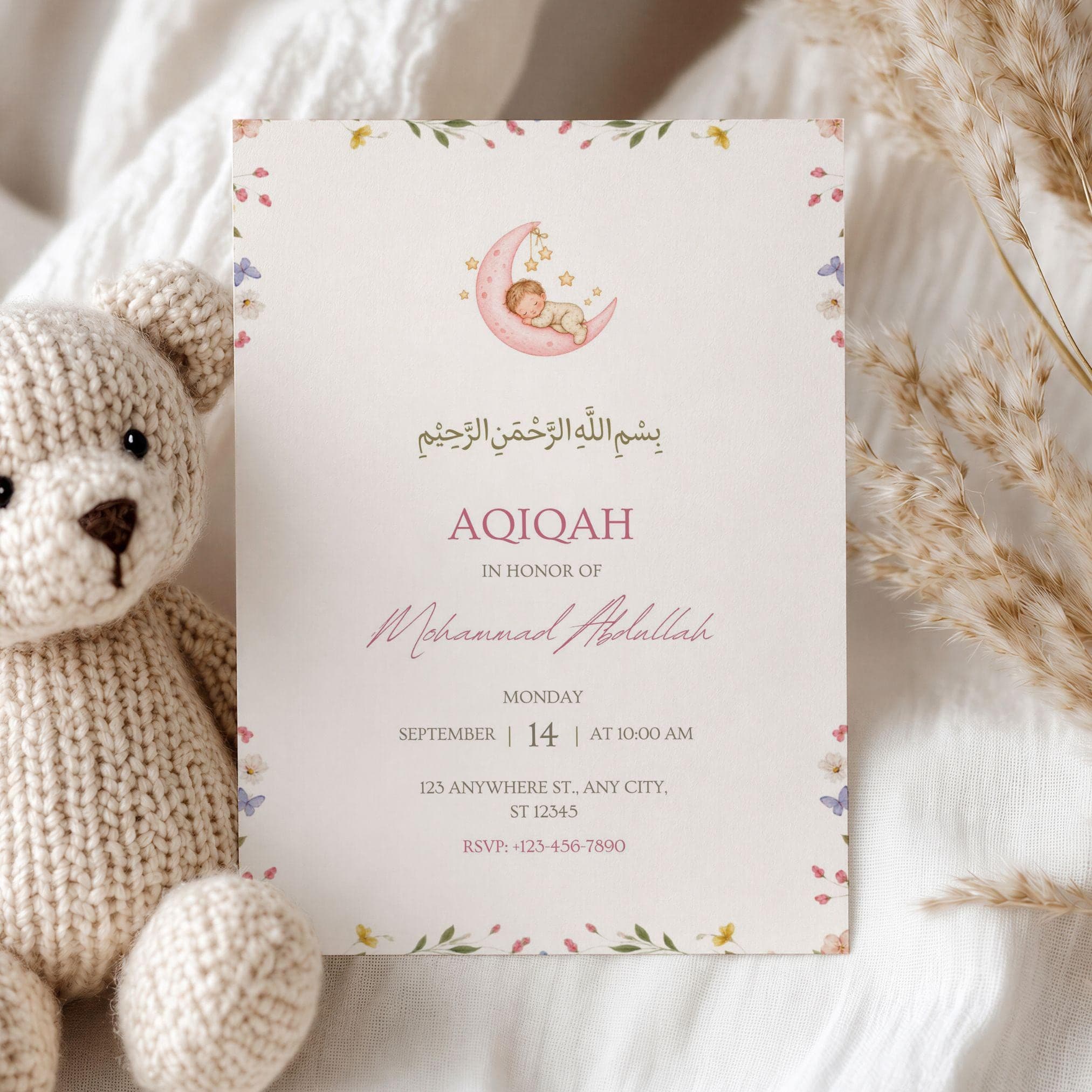 Crescent Moon Aqiqah Invitation | Soft Floral Canva Template | Muslim Baby Celebration Invite - image 3