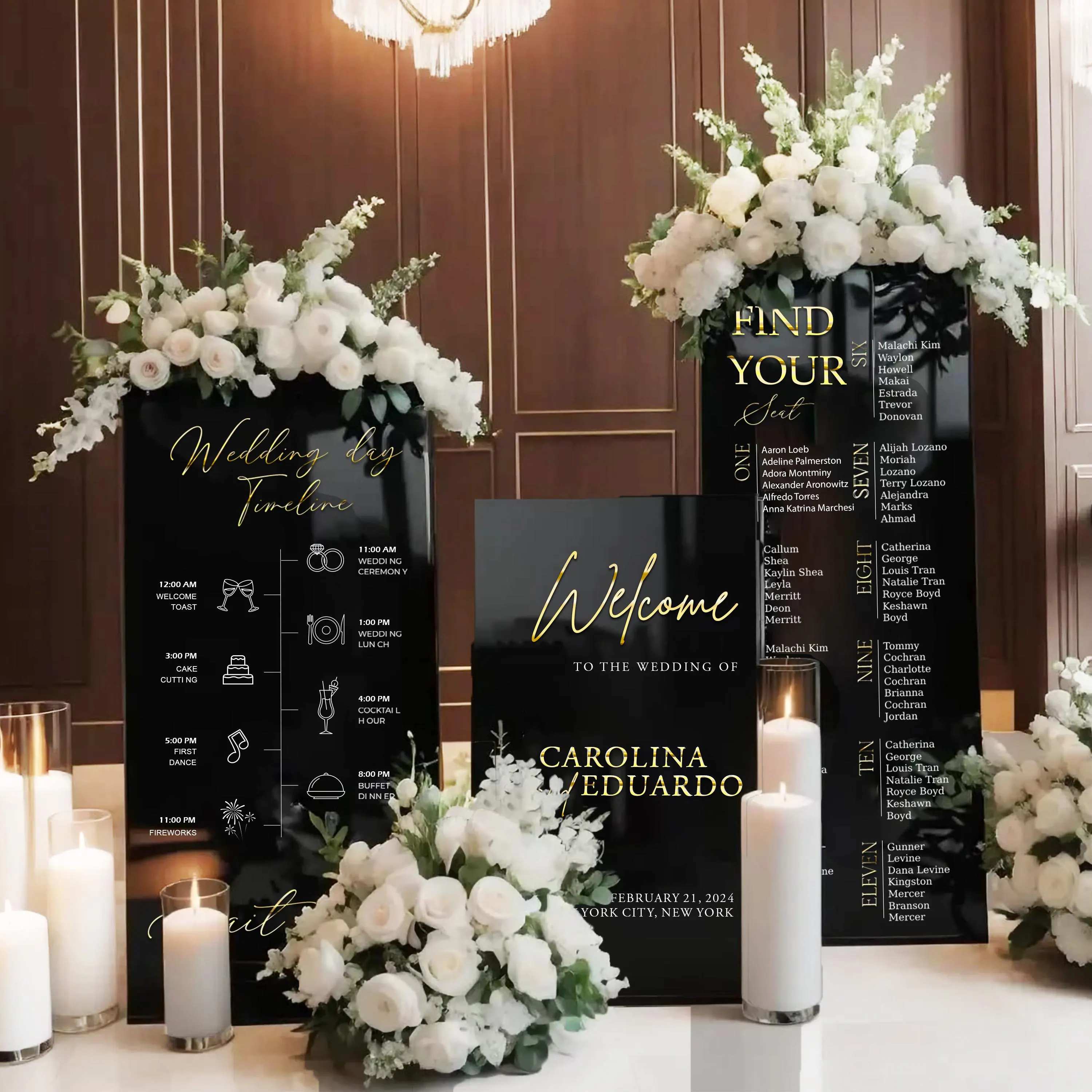 Elegant Seating Chart and Welcome Sign - Wedding Sign Bundle - Black Acrylic and 3D Gold Mirror - Wedding Reception Decor