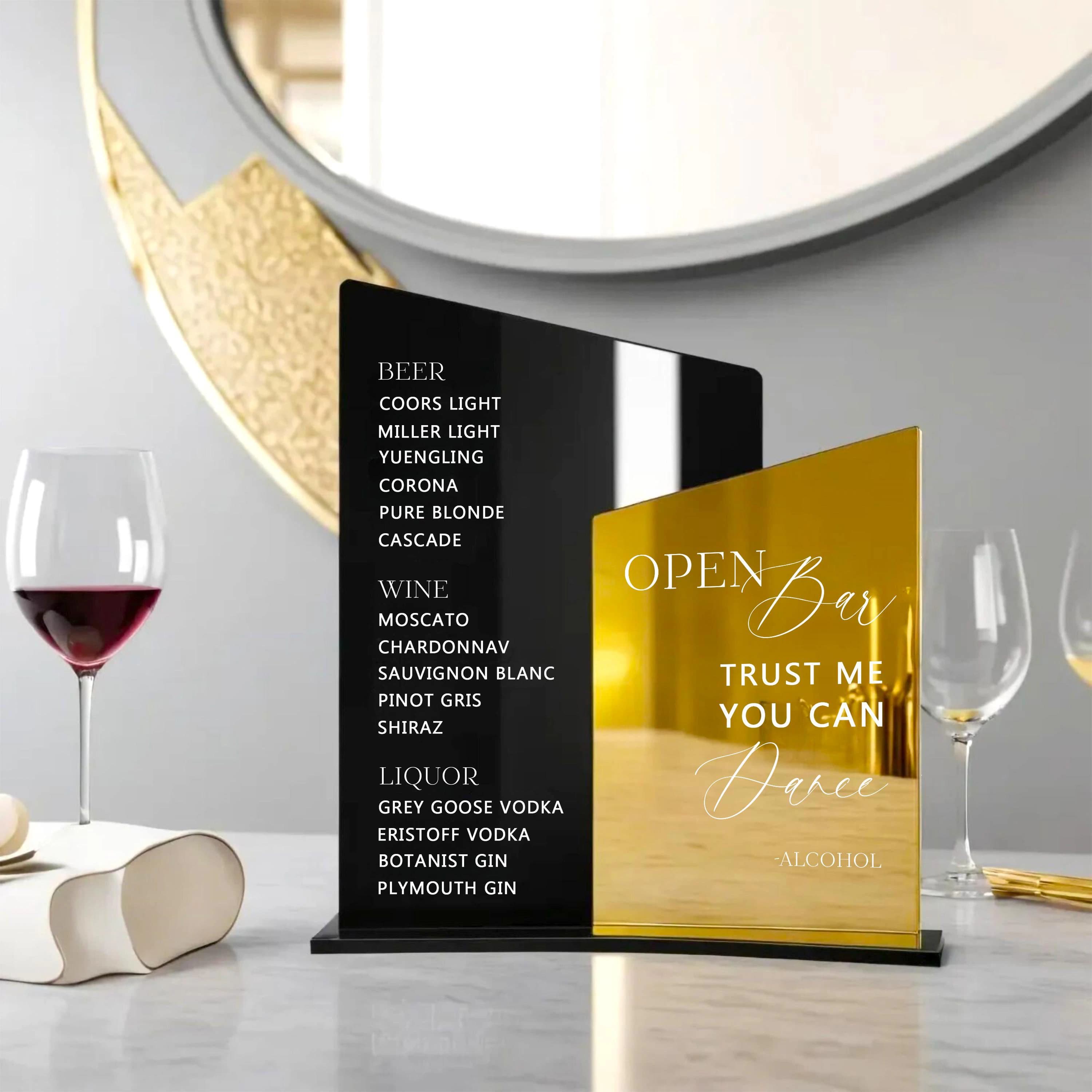 Black and Gold Mirror Wedding Bar Menu Sign, Signature Drinks