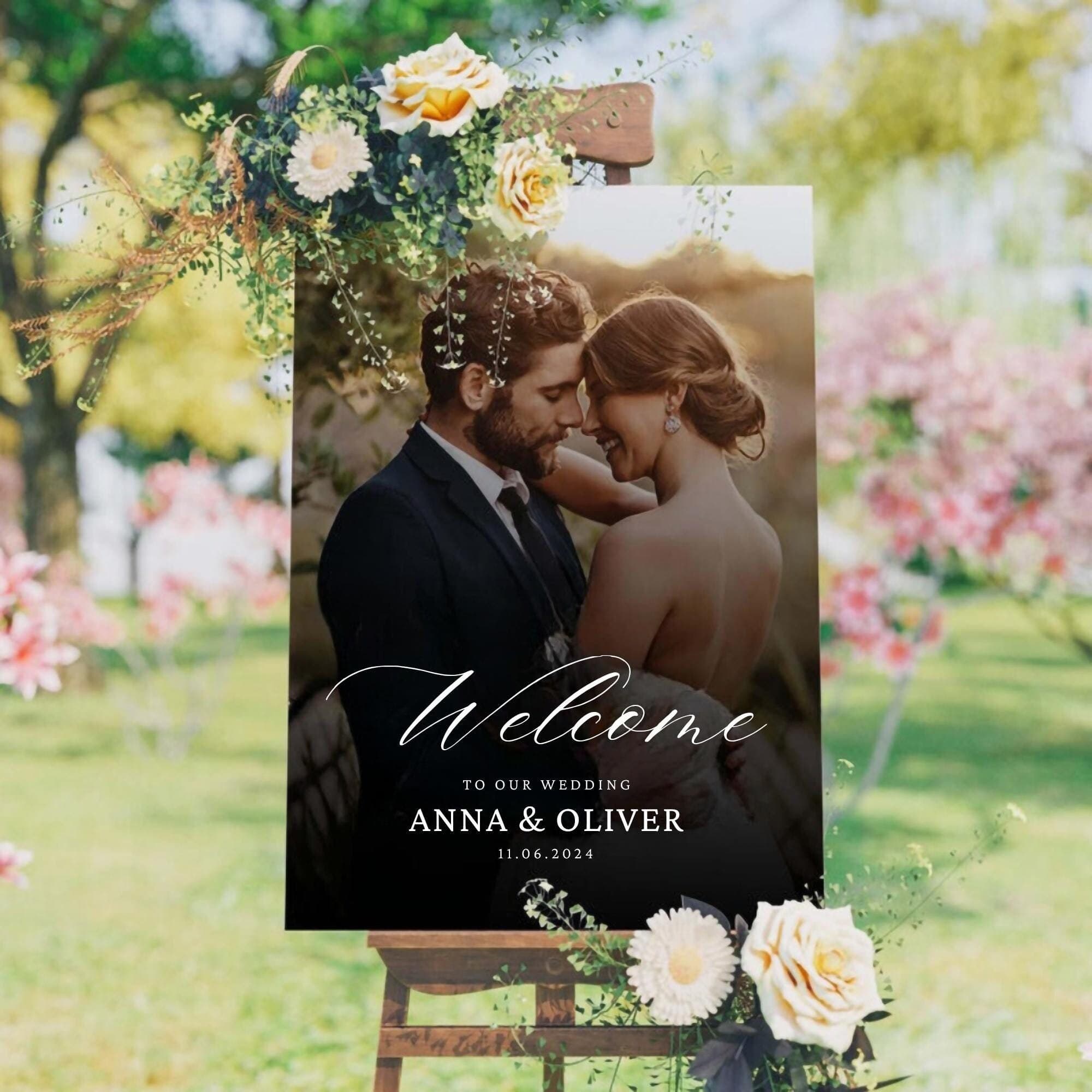 Custom Photo Wedding Welcome Sign, Frosted Acrylic with Mirror Lettering