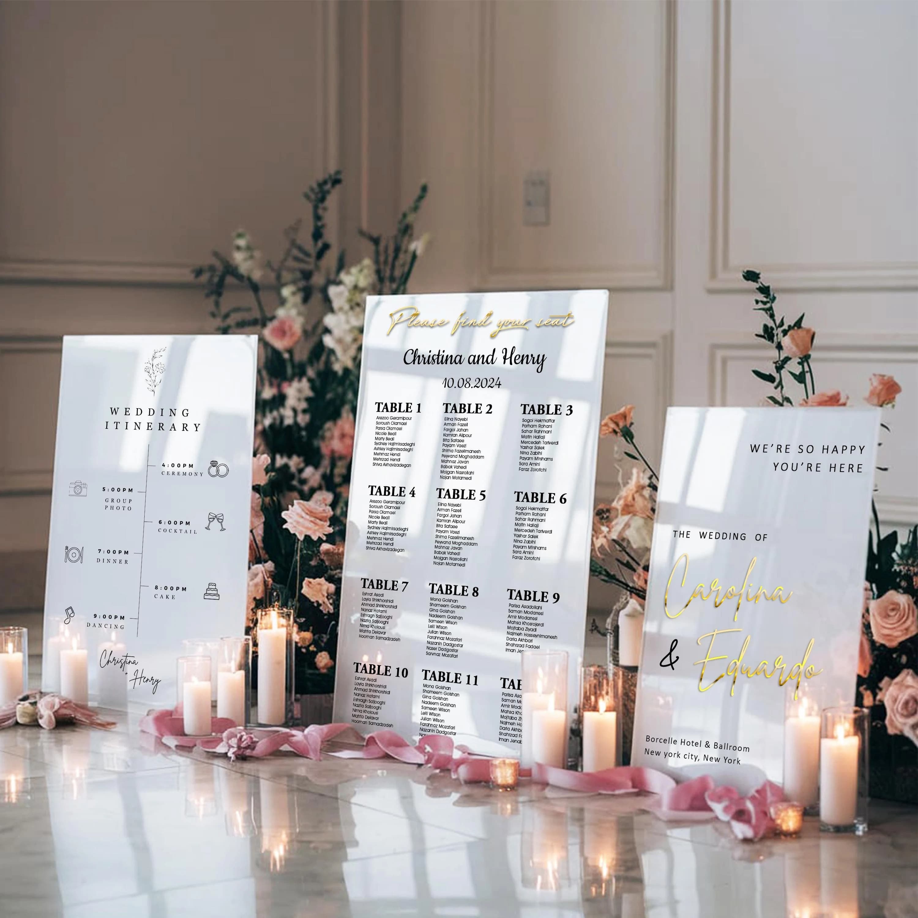 White Acrylic Wedding Sign Set, Seating Chart & Welcome Sign