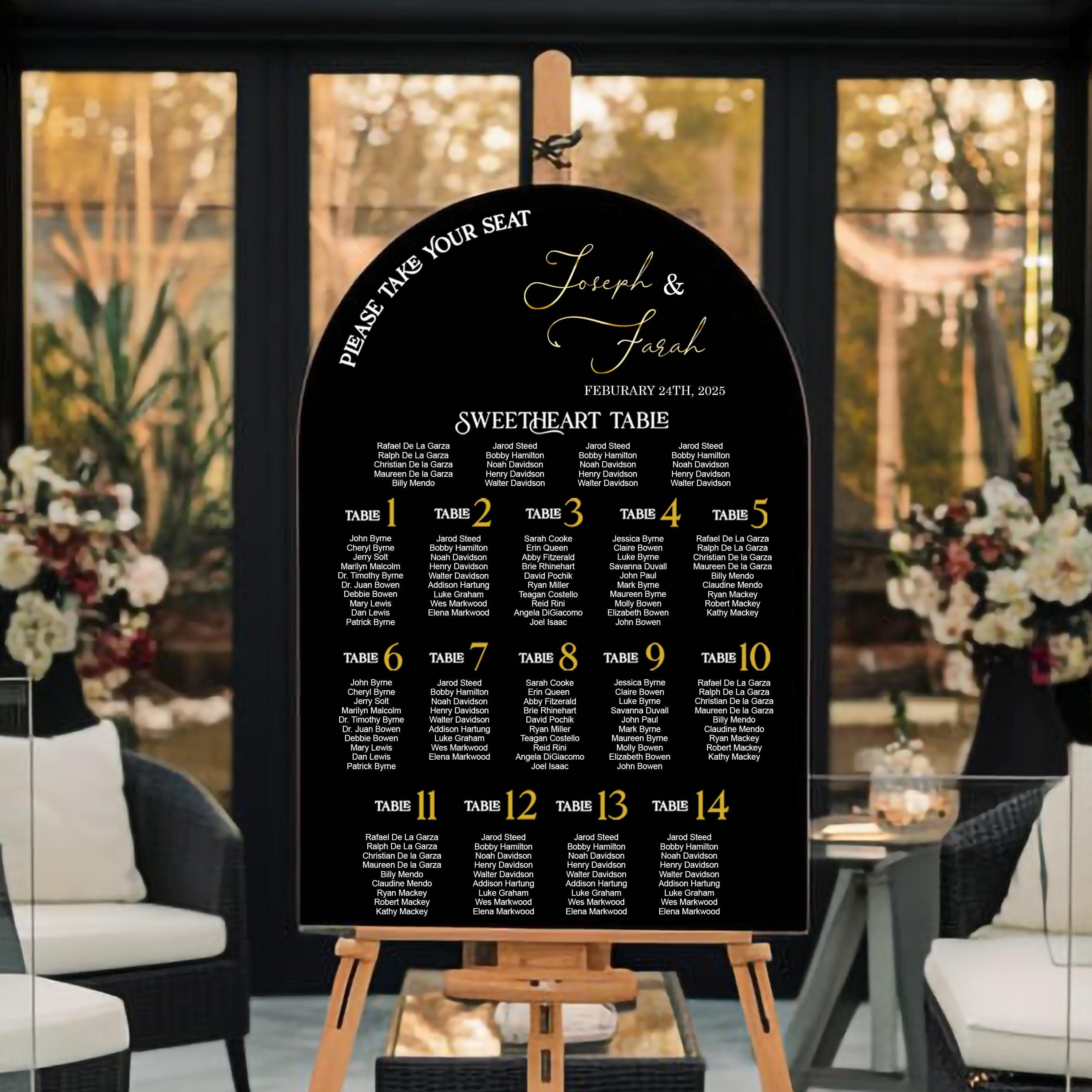 Black Acrylic Arched Wedding Seating Chart, Modern Reception Sign