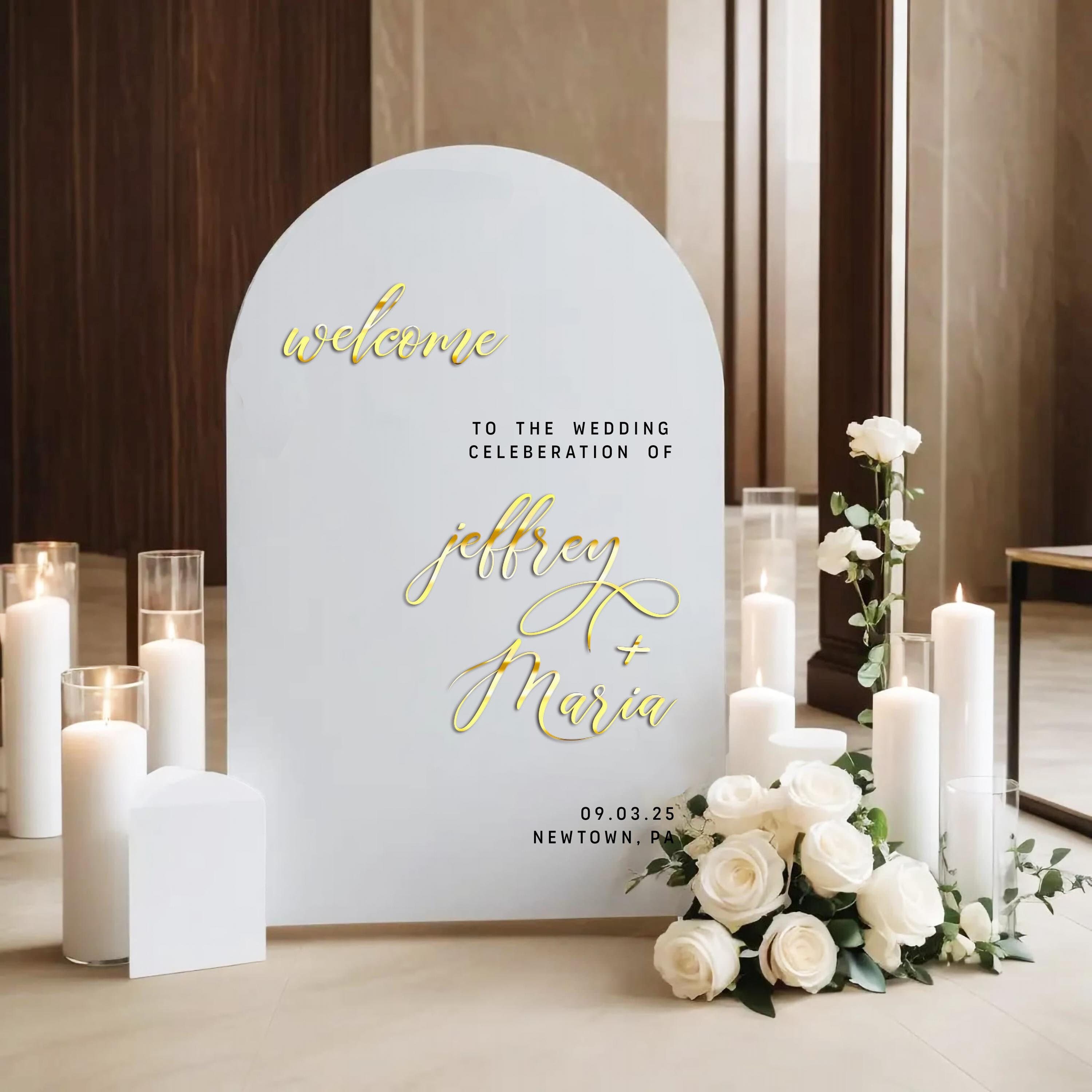 White Acrylic Welcome Sign - Custom Wedding Signs - Reception Signage - 3D Gold Mirror Names