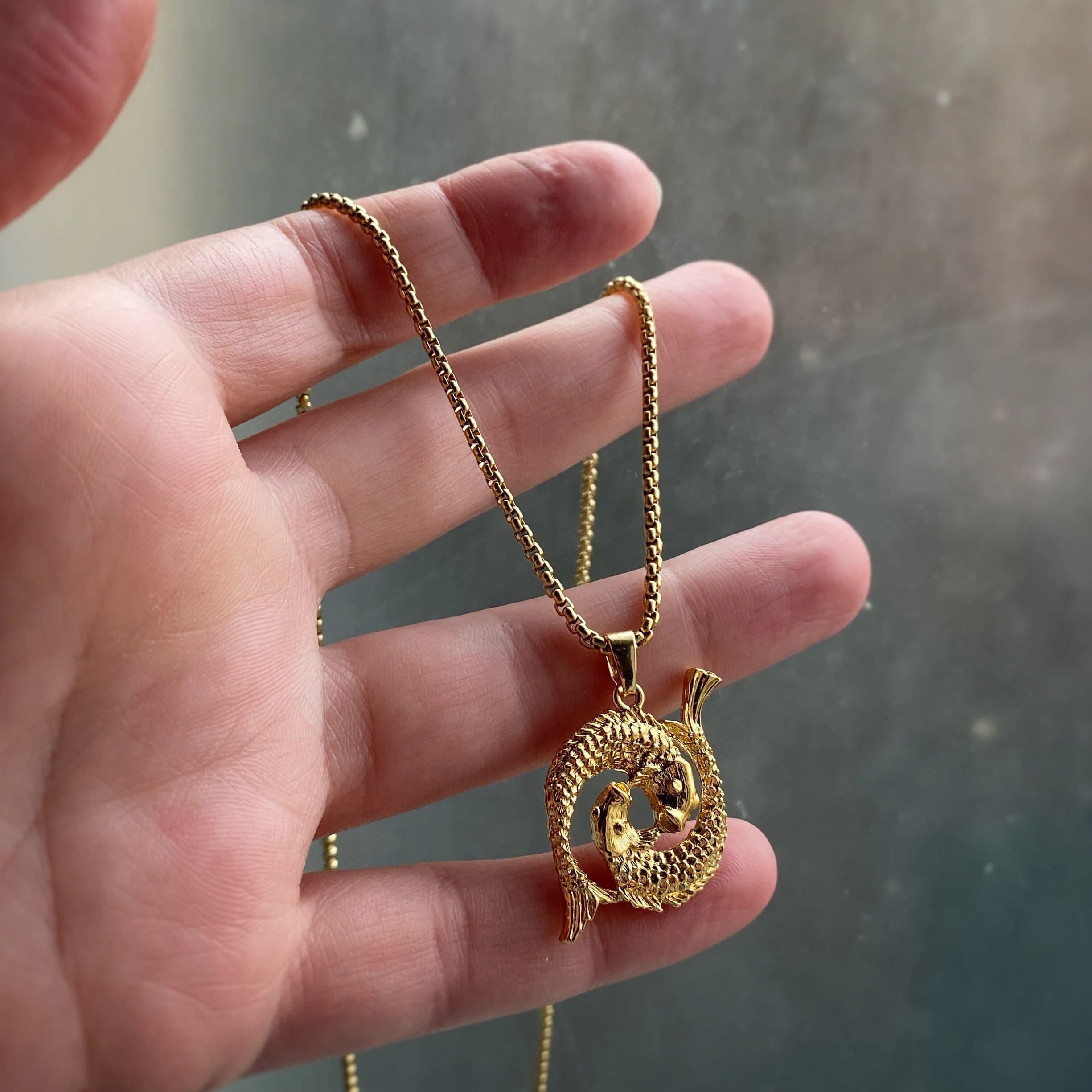 Pisces Figural Fish Pendant Necklace Silver and Gold with or without chain - Zodiac Astrology Horoscope Pendant, vintage style - Rhodium
