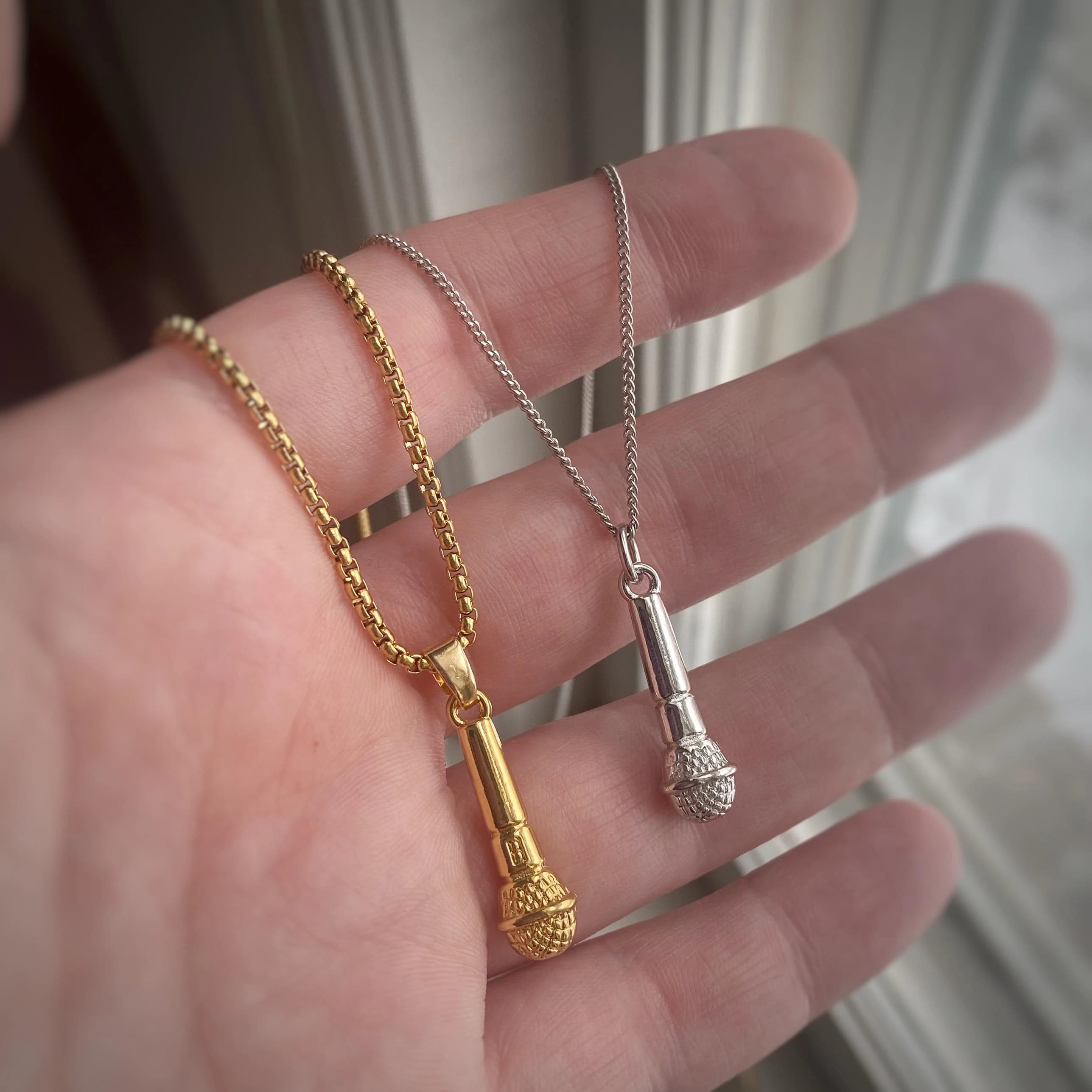 Microphone Pendant or Necklace in Gold or Rhodium Plated, with Chain Options or Charm only, Unisex, comes in velvet gift bag. - image 5