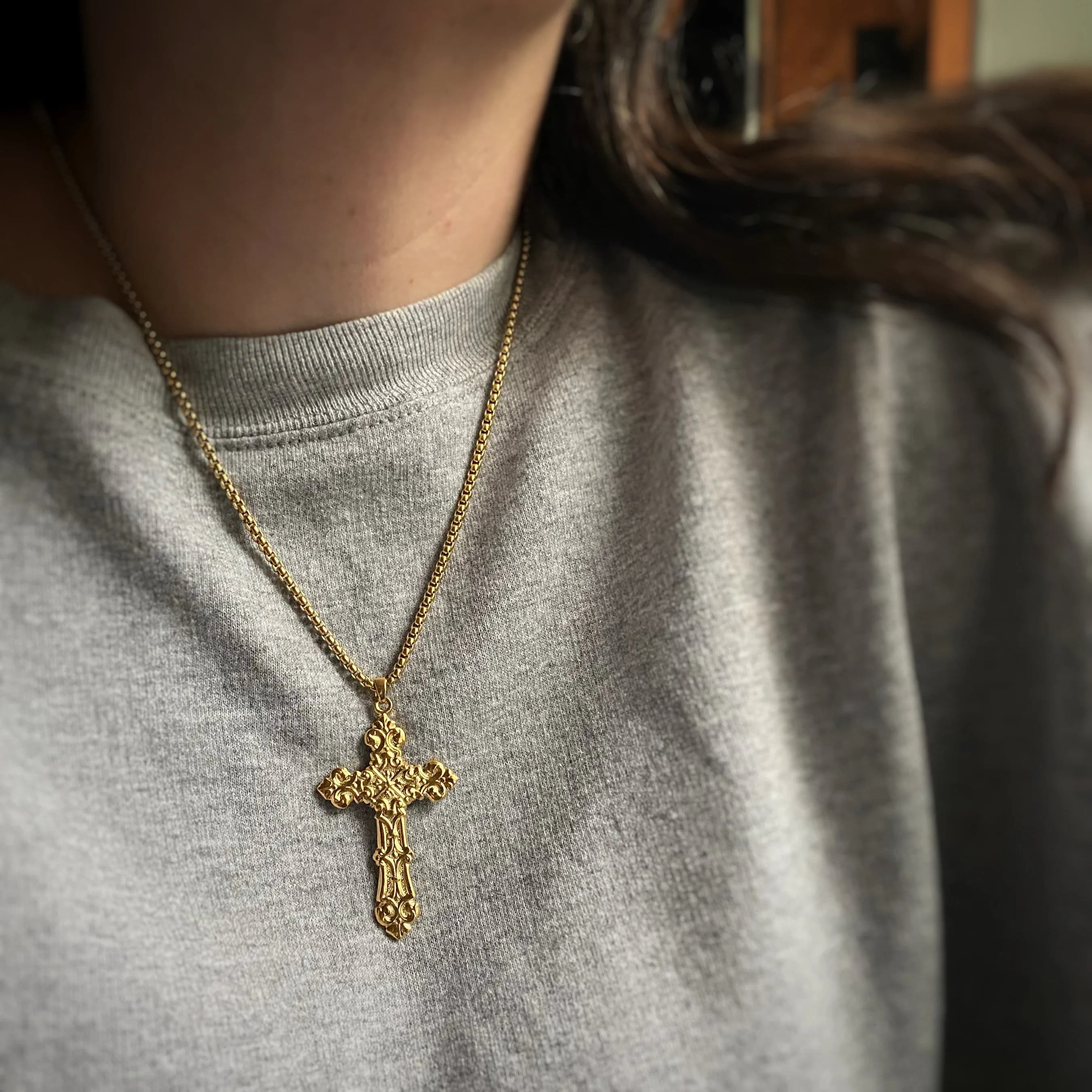 Ornate Gold or Silver Cross on Custom Chain - cast from a vintage mould - made in Canada + the US. Large Fancy Cross Necklace - image 3