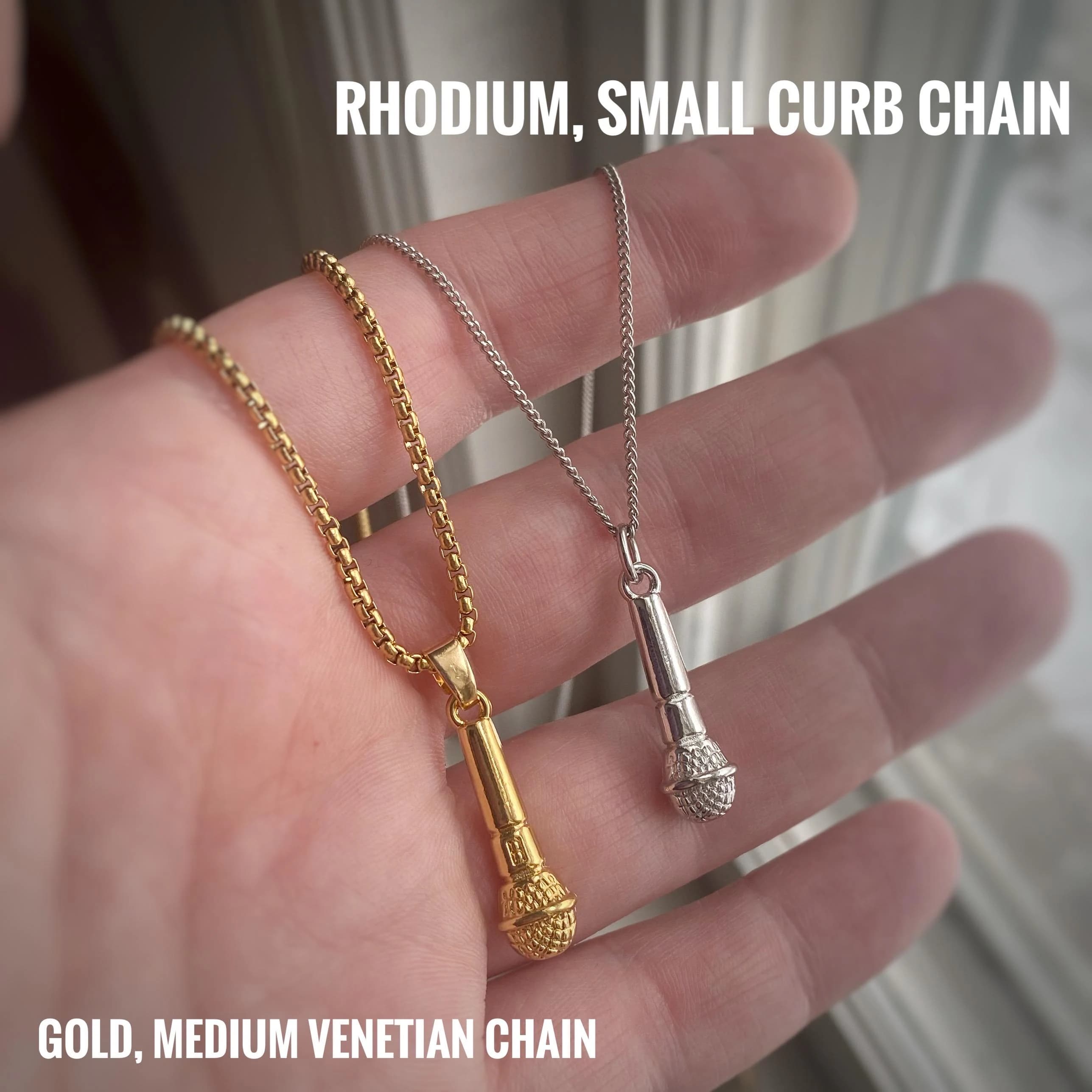 Microphone Pendant or Necklace in Gold or Rhodium Plated, with Chain Options or Charm only, Unisex, comes in velvet gift bag. - image 3