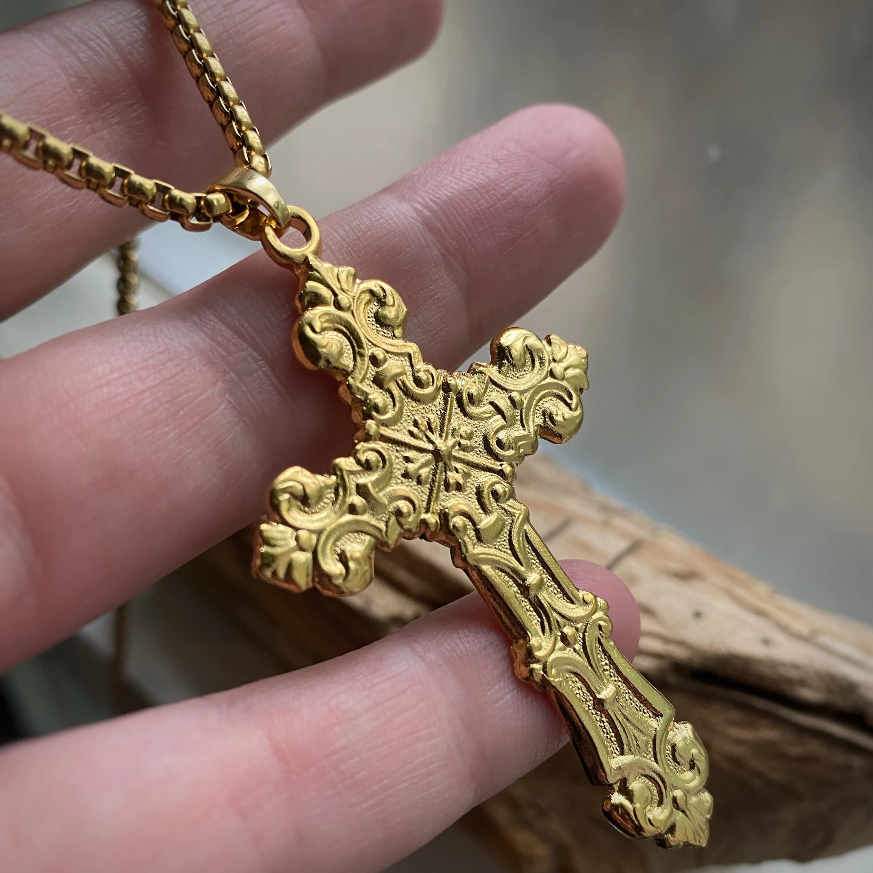 Ornate Gold or Silver Cross on Custom Chain - cast from a vintage mould - made in Canada + the US. Large Fancy Cross Necklace