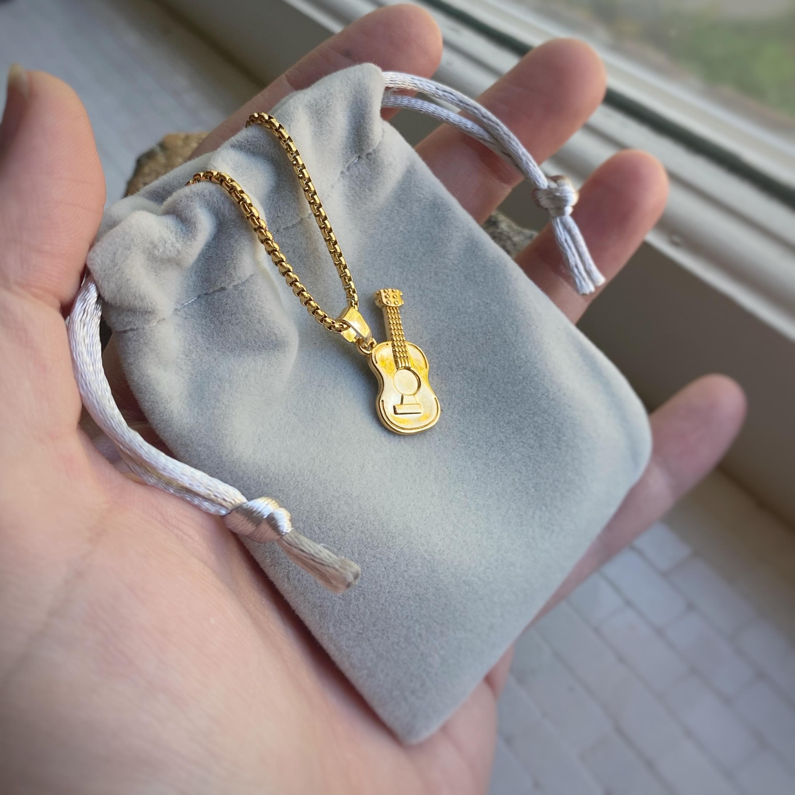 Acoustic Guitar Charm or Pendant Necklace avail in gold or rhodium plated, chain options, comes in velvet gift bag. - image 4