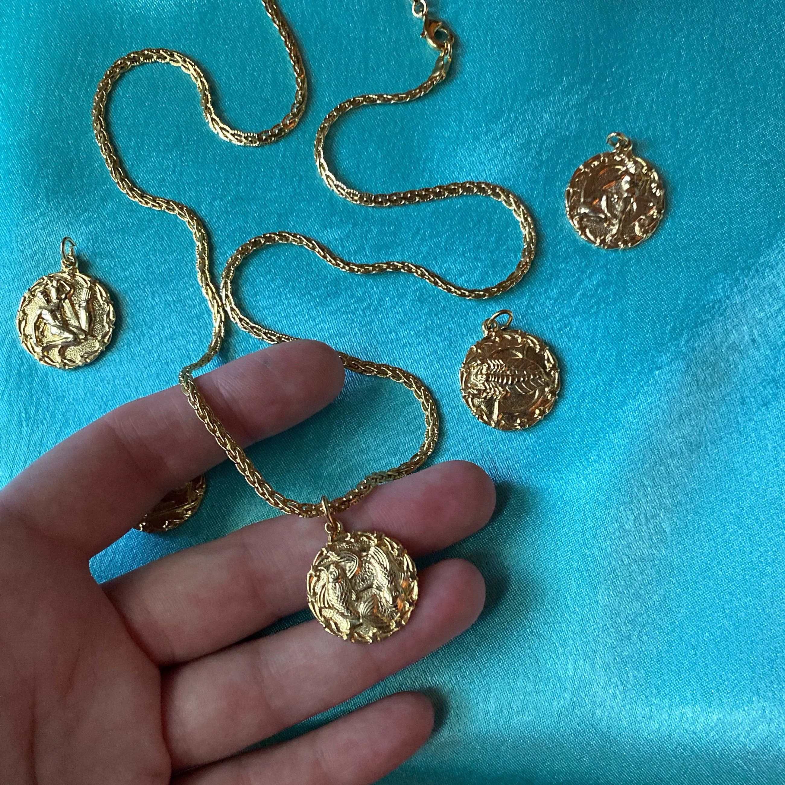 Zodiac Astrology Horoscope Sign Medallion Pendant Necklace in 22k gold black and white enamel options 24” chain Celestial Charm