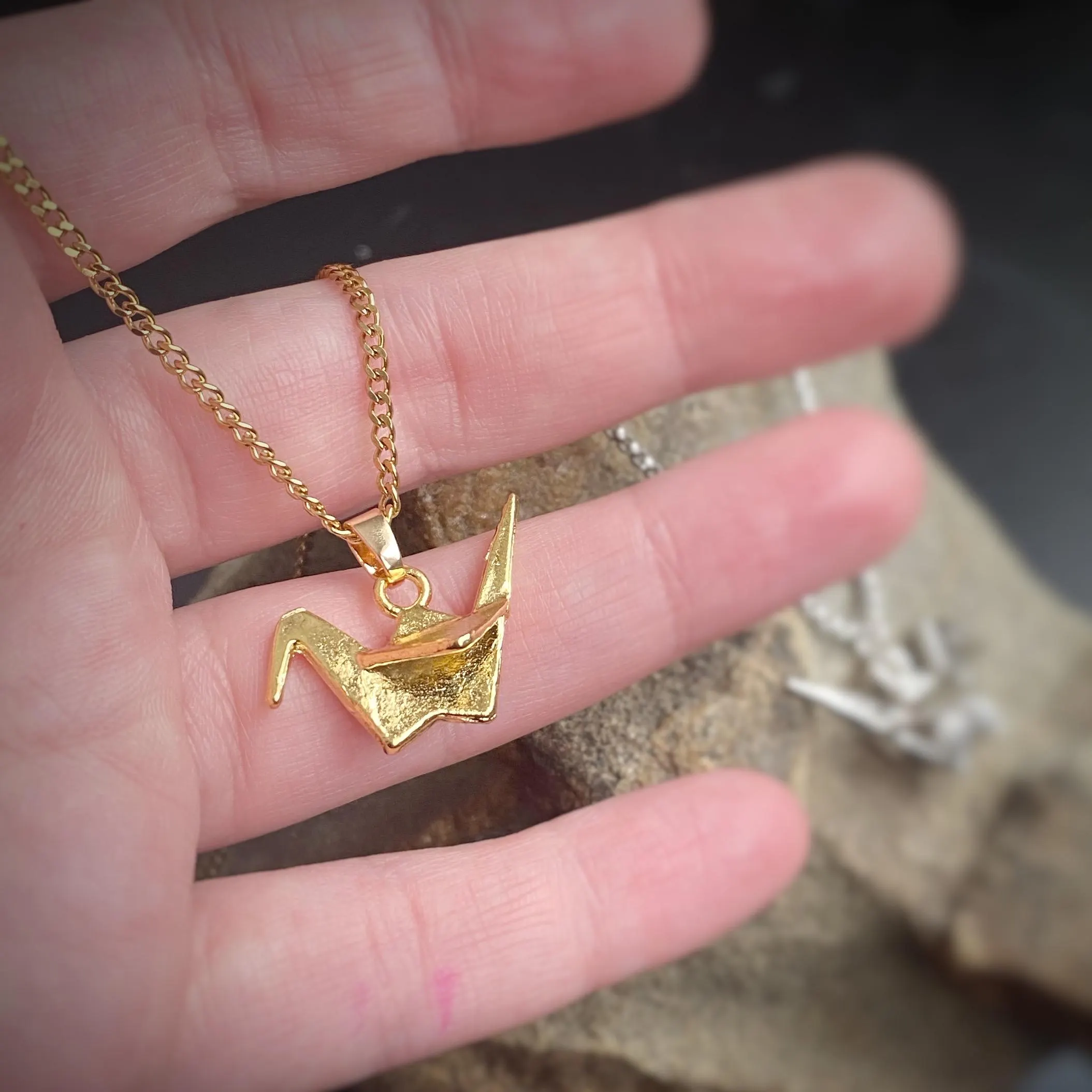 Paper Crane Charm in Gold or Silver, Pendant Necklace on custom length Venetian or Curb chain, or charm only available too,symbolic of peace
