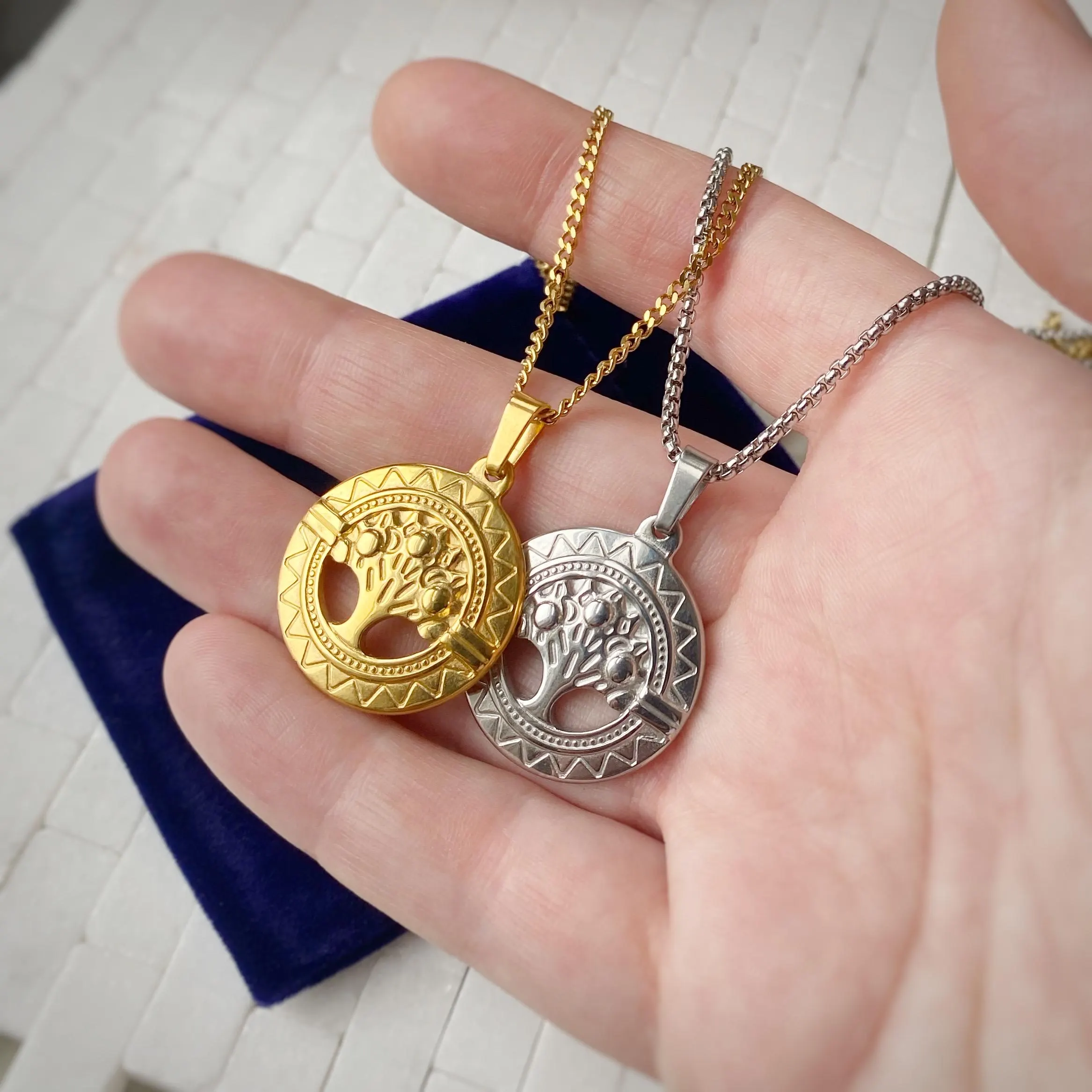 Palm Tree and Hut Charm in Gold or Silver Pendant Necklace on custom length Venetian or Curb chain, or charm only available too.