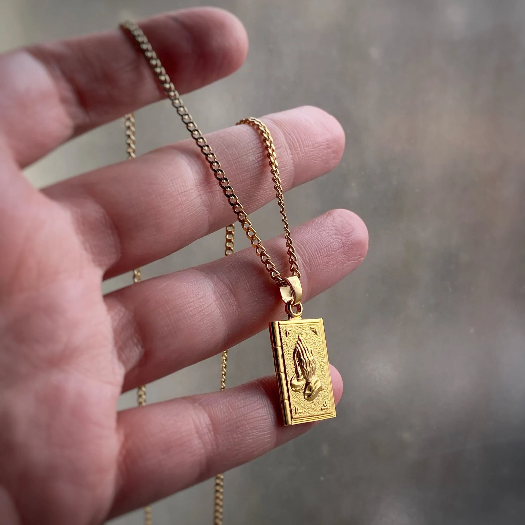 Prayer hands Bible Necklace in Gold or Silver (Rhodium) pendant prayer emoticon, Serenity Prayer on back, dog tag style charm only avail too