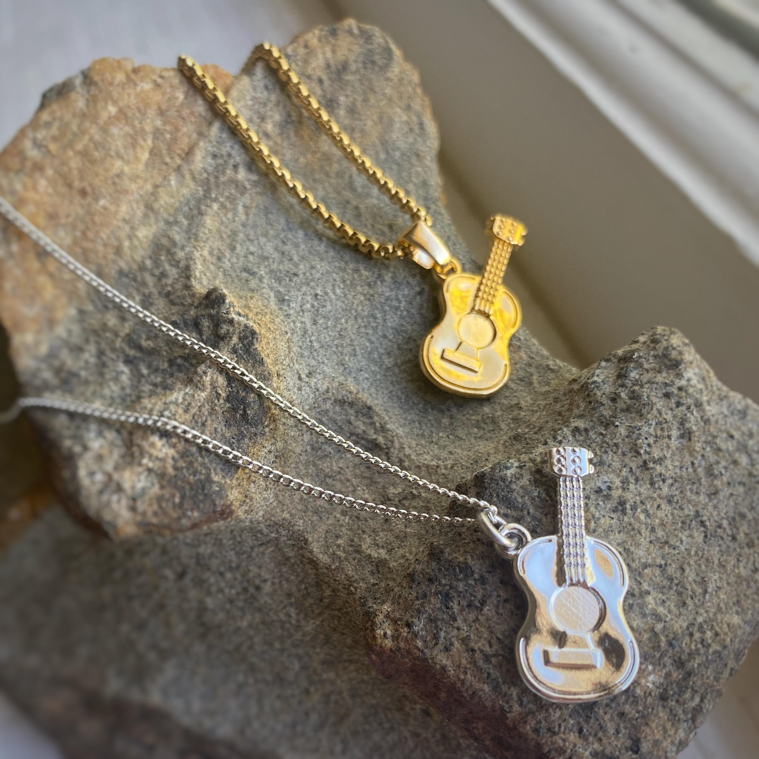 Acoustic Guitar Charm or Pendant Necklace avail in gold or rhodium plated, chain options, comes in velvet gift bag. - image 3