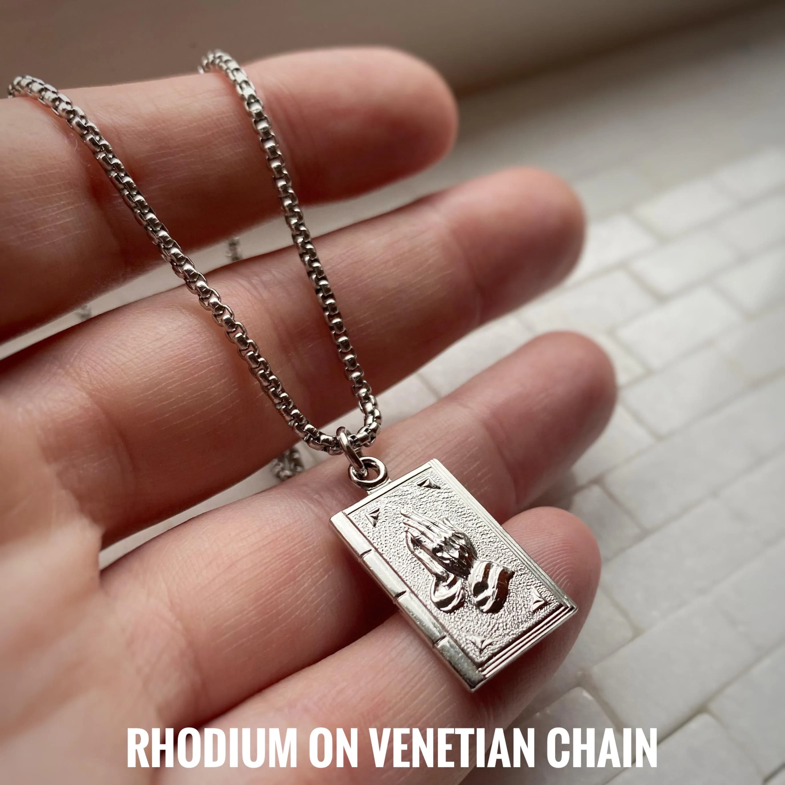 Prayer hands Bible Necklace in Gold or Silver (Rhodium) pendant prayer emoticon, Serenity Prayer on back, dog tag style charm only avail too - image 4