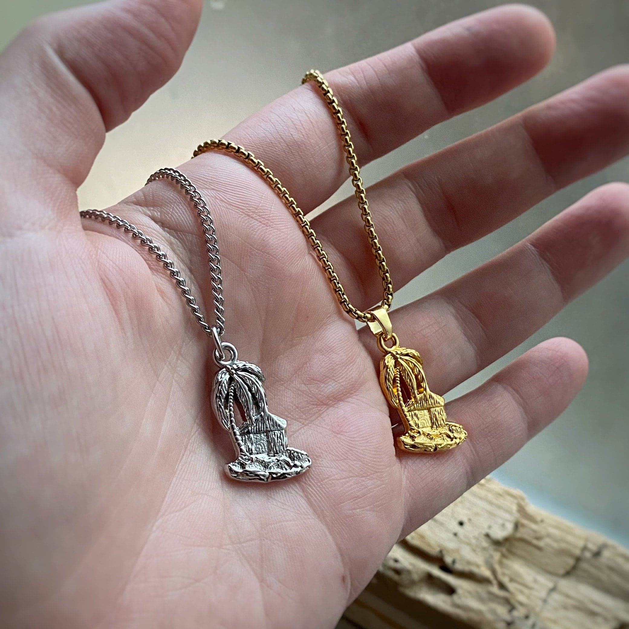 Palm Tree and Hut Charm in Gold or Silver Pendant Necklace on custom length Venetian or Curb chain, or charm only available too.