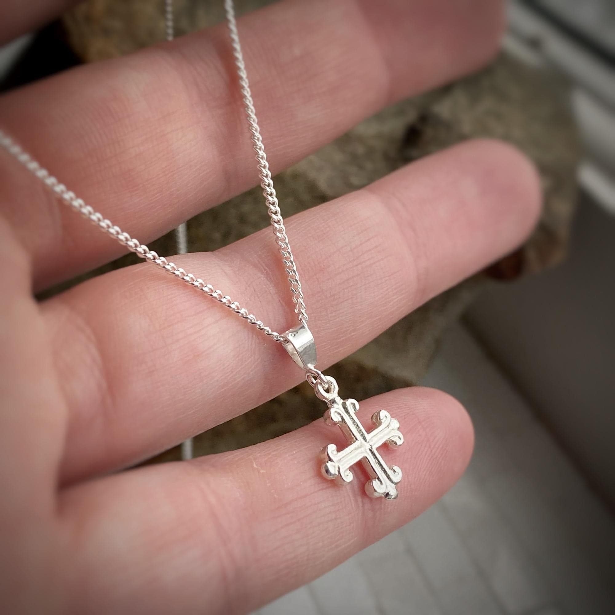 Solid Sterling Silver Botonnée Cross Charm or Pendant Necklace w/ or w/out custom chain, medieval style ornate Occitan Cross in velvet bag.