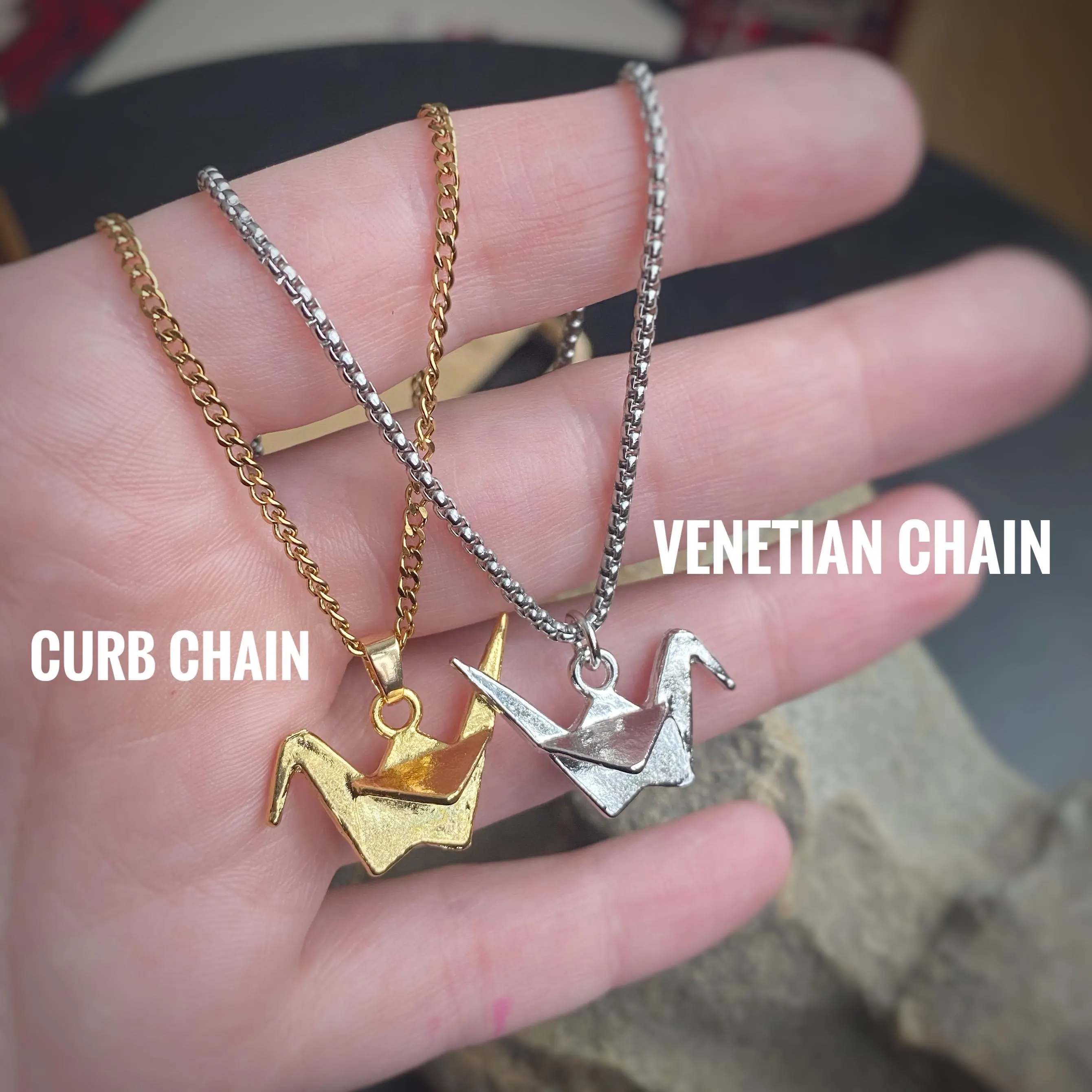 Paper Crane Charm in Gold or Silver, Pendant Necklace on custom length Venetian or Curb chain, or charm only available too,symbolic of peace - image 3