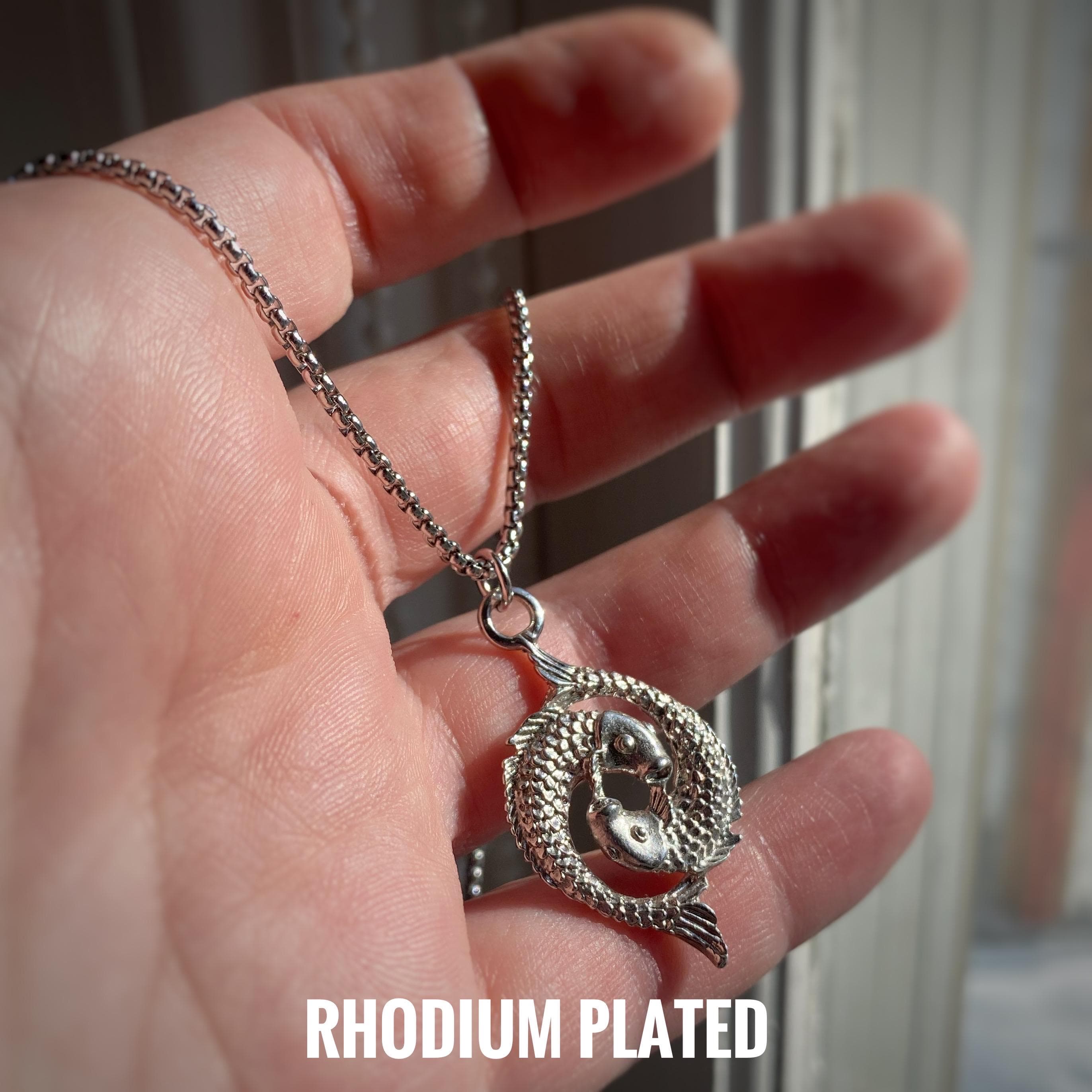 Pisces Figural Fish Pendant Necklace Silver and Gold with or without chain - Zodiac Astrology Horoscope Pendant, vintage style - Rhodium - image 3