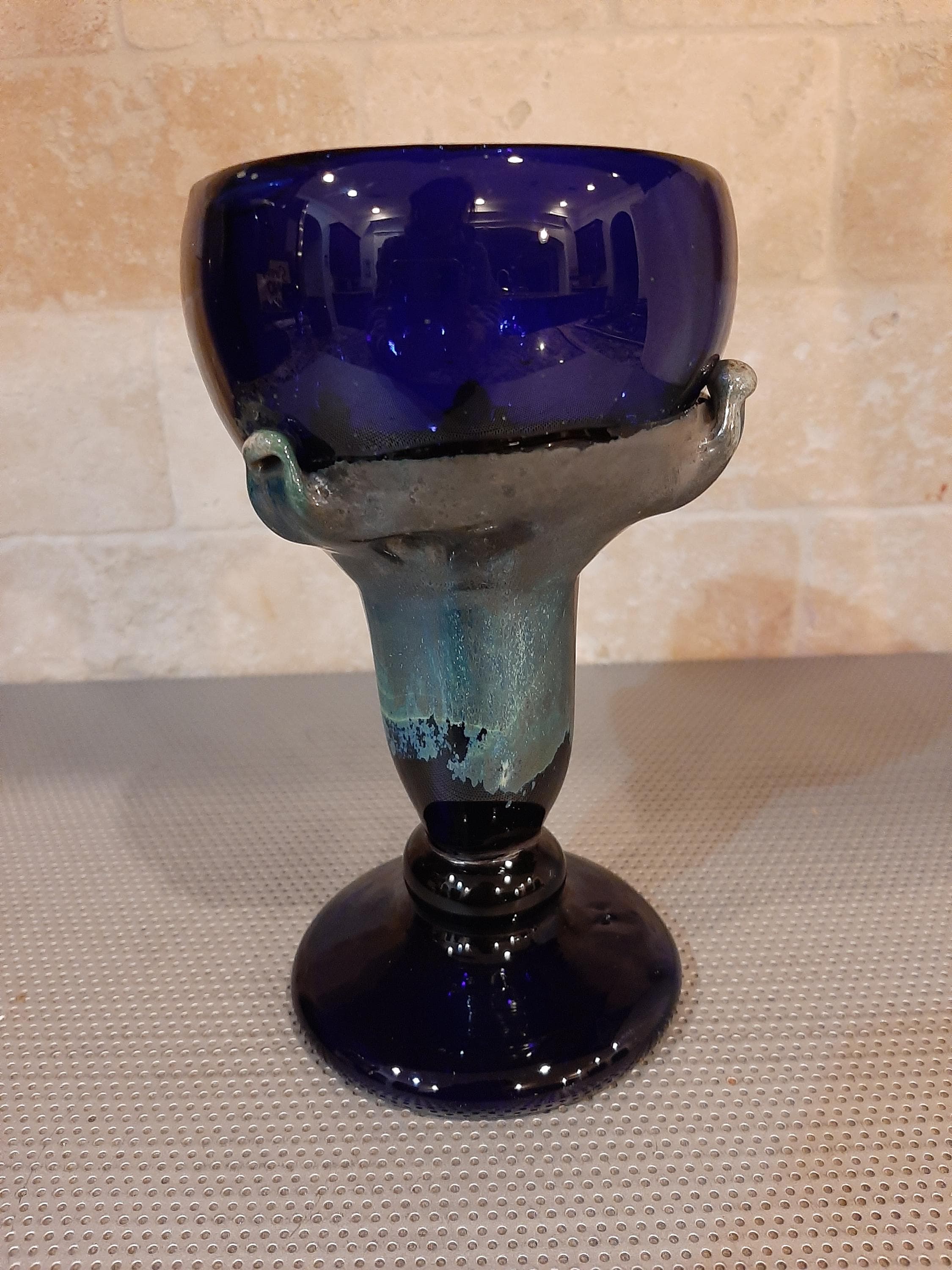 Vintage 1993 Handmade Cobalt Blue Glass Goblet Chalice Teal Stem Heavy and Thick Claw Design - image 3