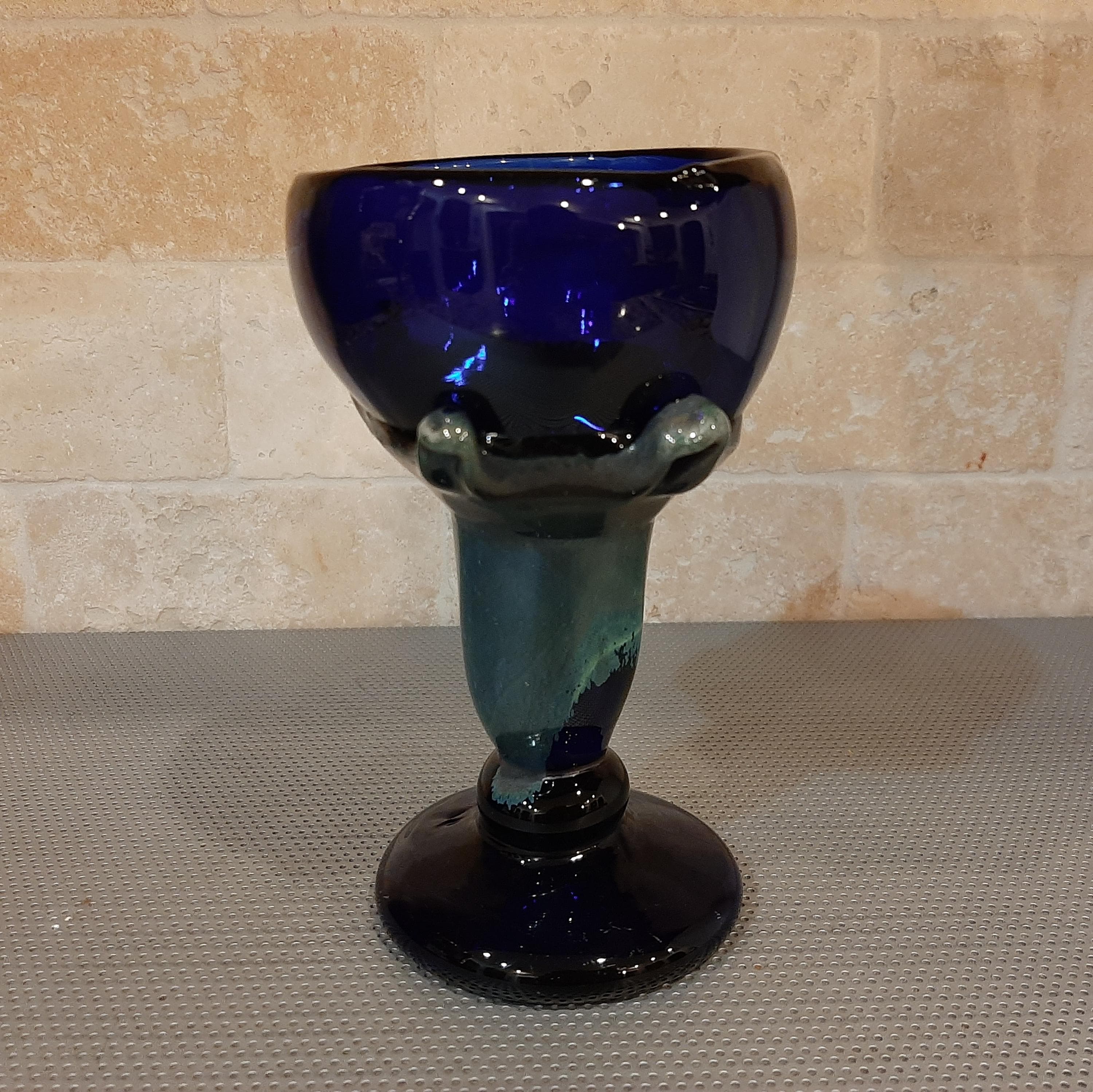Vintage 1993 Handmade Cobalt Blue Glass Goblet Chalice Teal Stem Heavy and Thick Claw Design - image 5