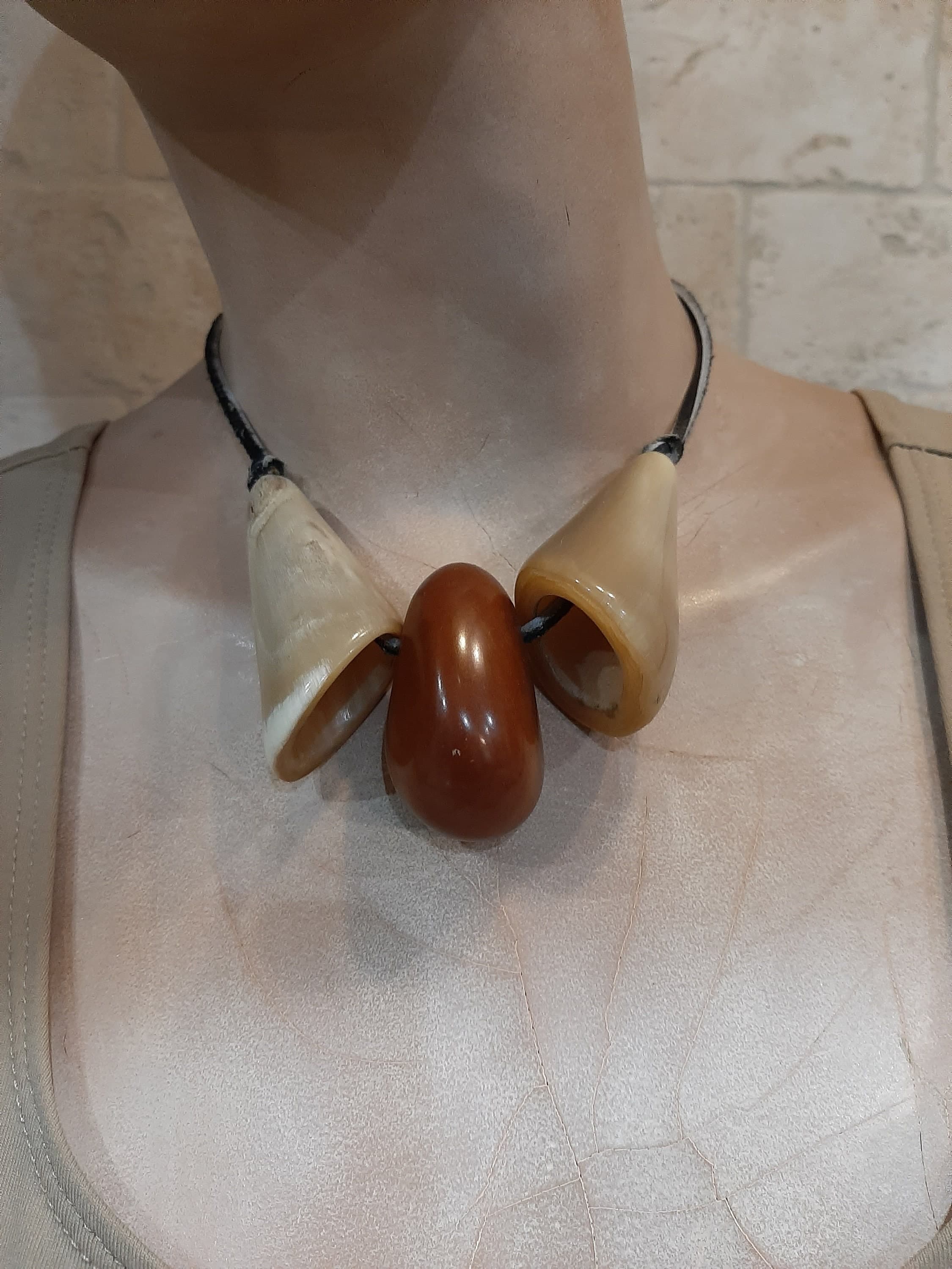 Vintage 1970s Deer Antler Bohemian Boho Bold Funky Statement Necklace with Rawhide Tie