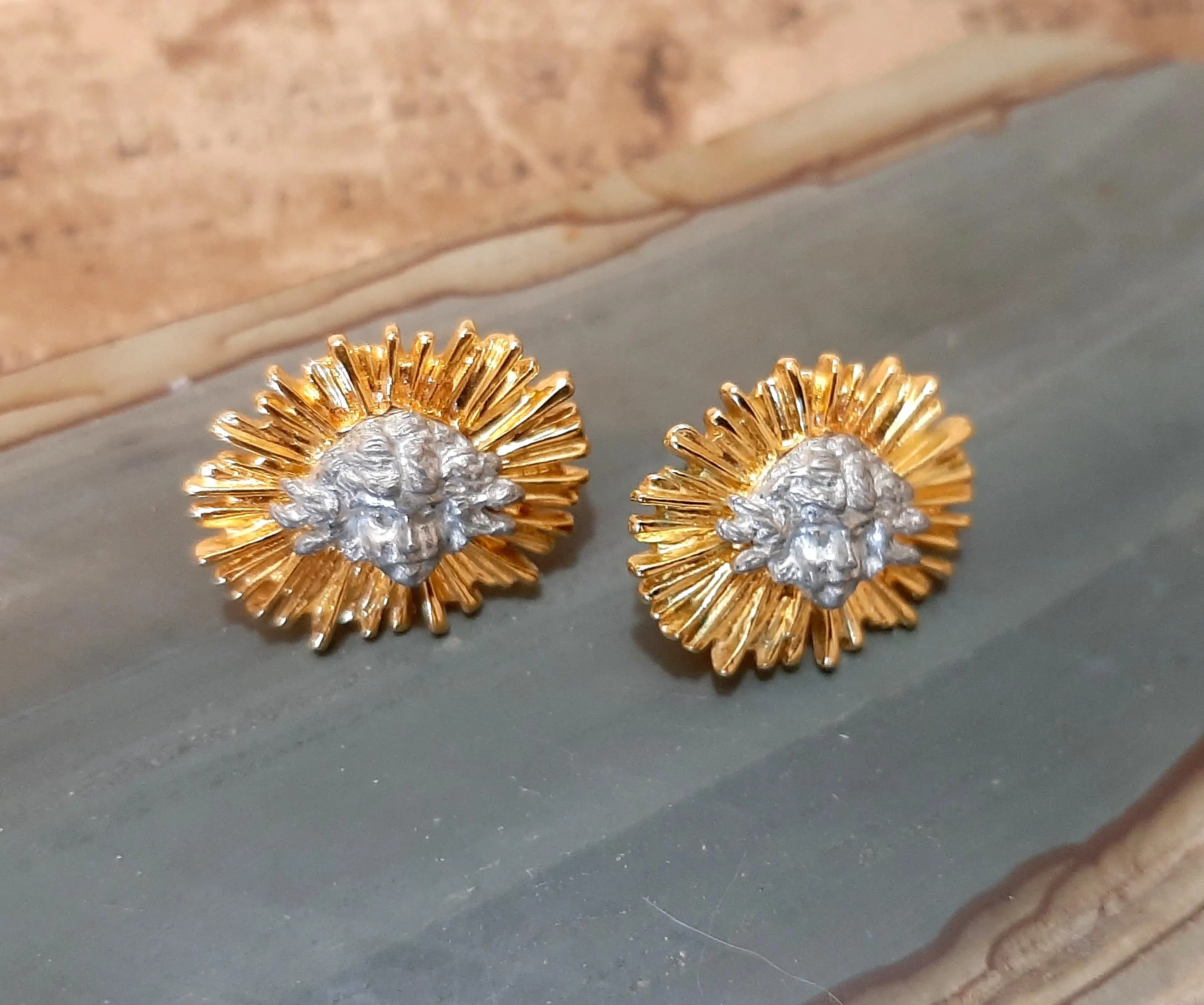 Vintage 1998 Maurice Milleur Two Tone Sunflower Angel Face Stud Earrings