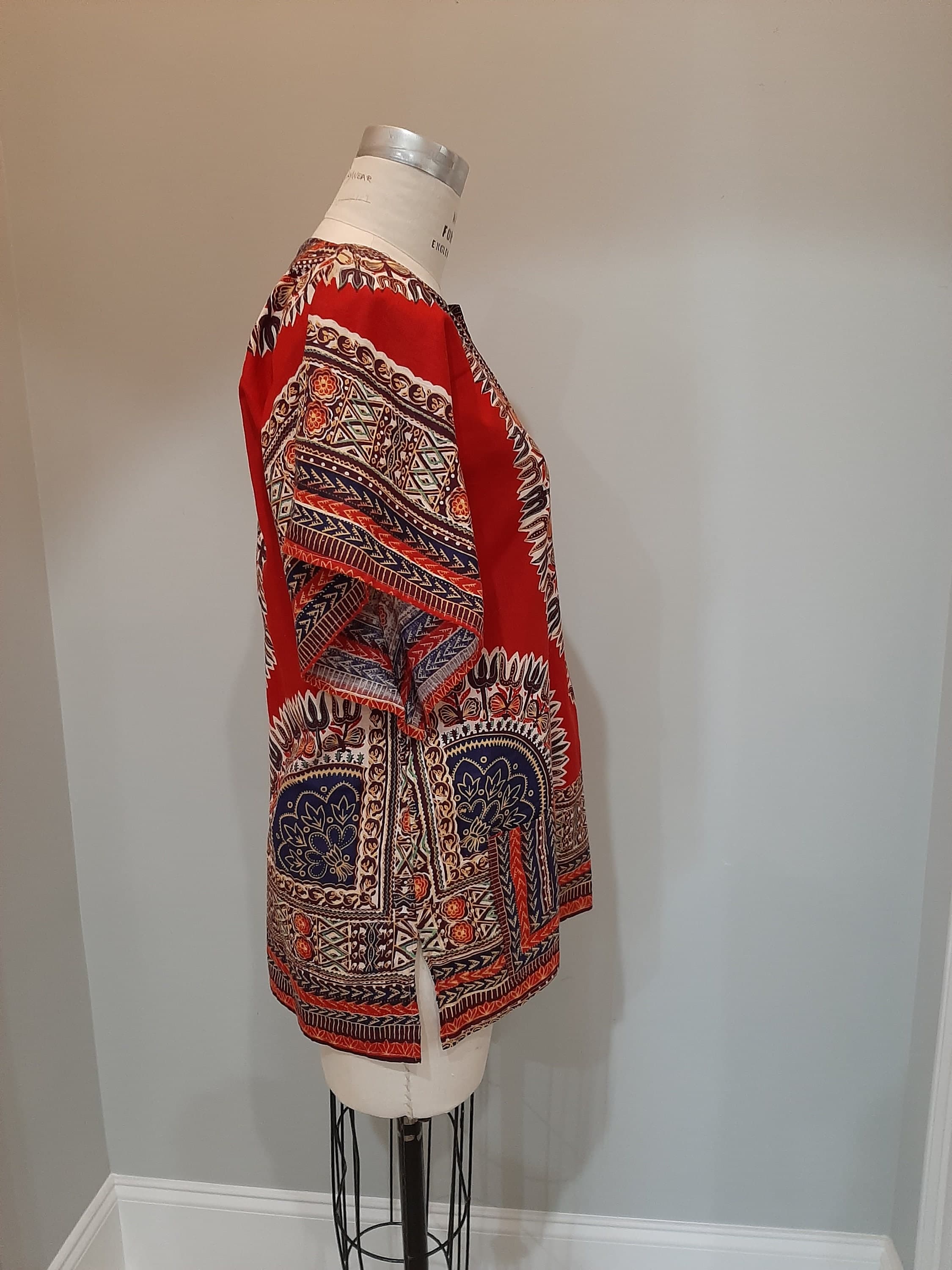 Vintage 1960s 70s Dashiki Pakistan Sleeveless Cotton Tunic Blouse Afghani Boho Tribal Print Gypsy Ethnic~Size Medium - image 5