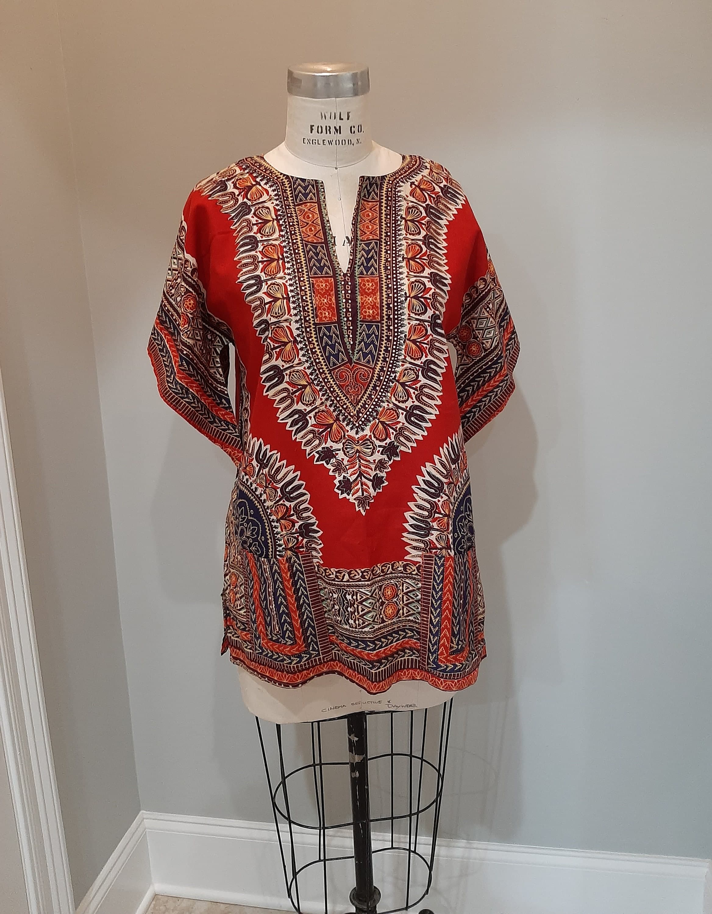 Vintage 1960s 70s Dashiki Pakistan Sleeveless Cotton Tunic Blouse Afghani Boho Tribal Print Gypsy Ethnic~Size Medium - image 3