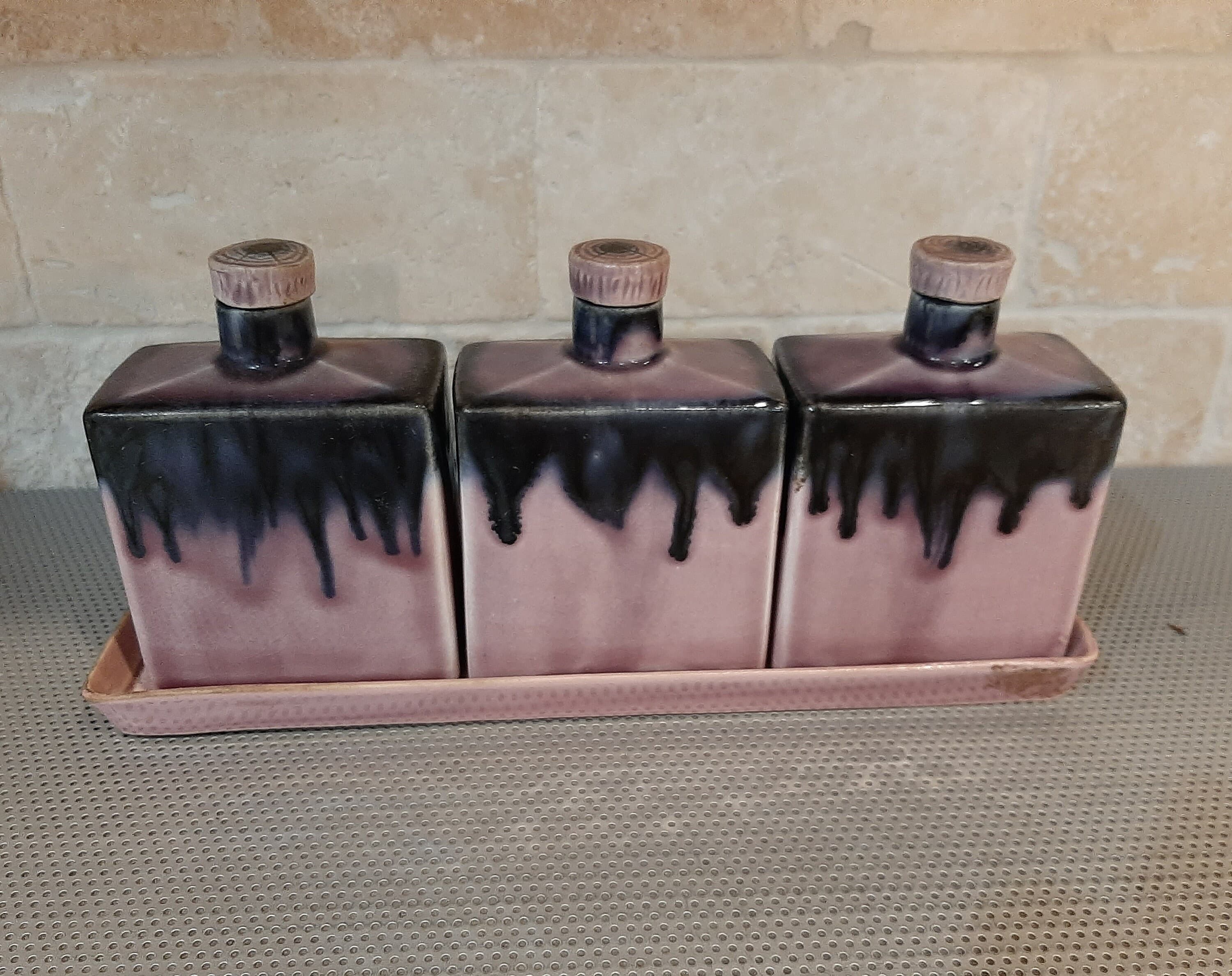 Vintage Germany Glazed Ceramic Porcelain Purple Drip Apothecary Chemists Pharmacy 3 Jar Set on Tray Boric Acid, Alcohol, Witch Hazel - image 3