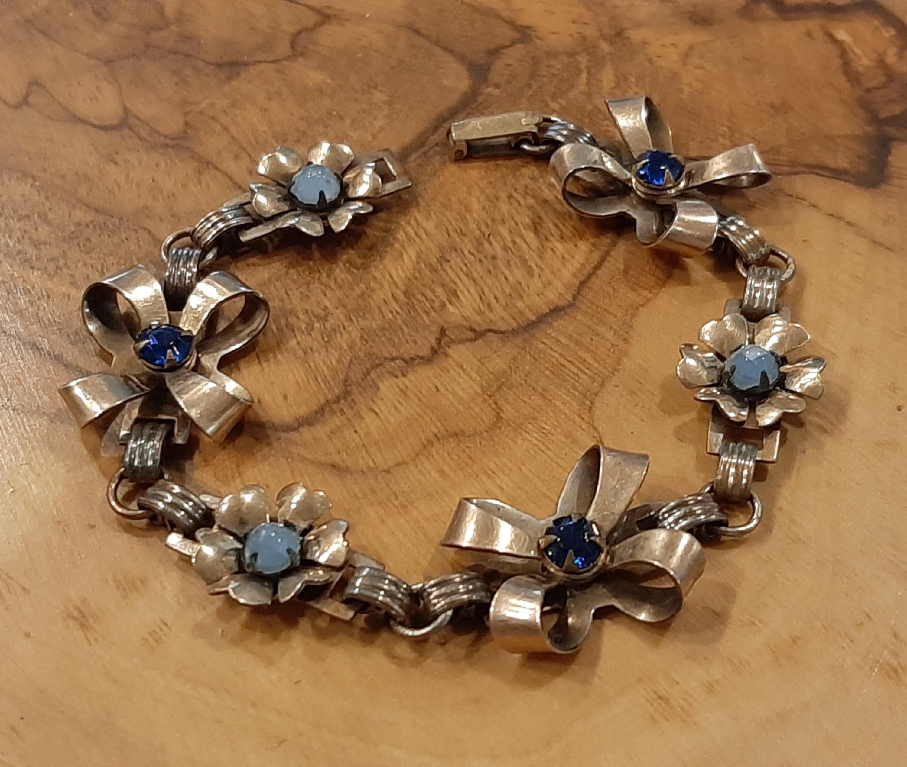 Vintage Gold Filled Blue Rhinestones Floral Bow Design Bracelet - image 5
