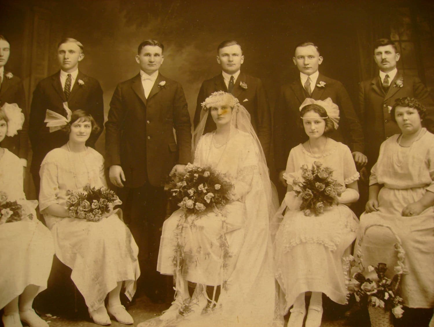 Bridesmaids - Antique 1900s Wedding Party Bridal Photograph, Sepia Tone, Measures 8 x 10 Inches