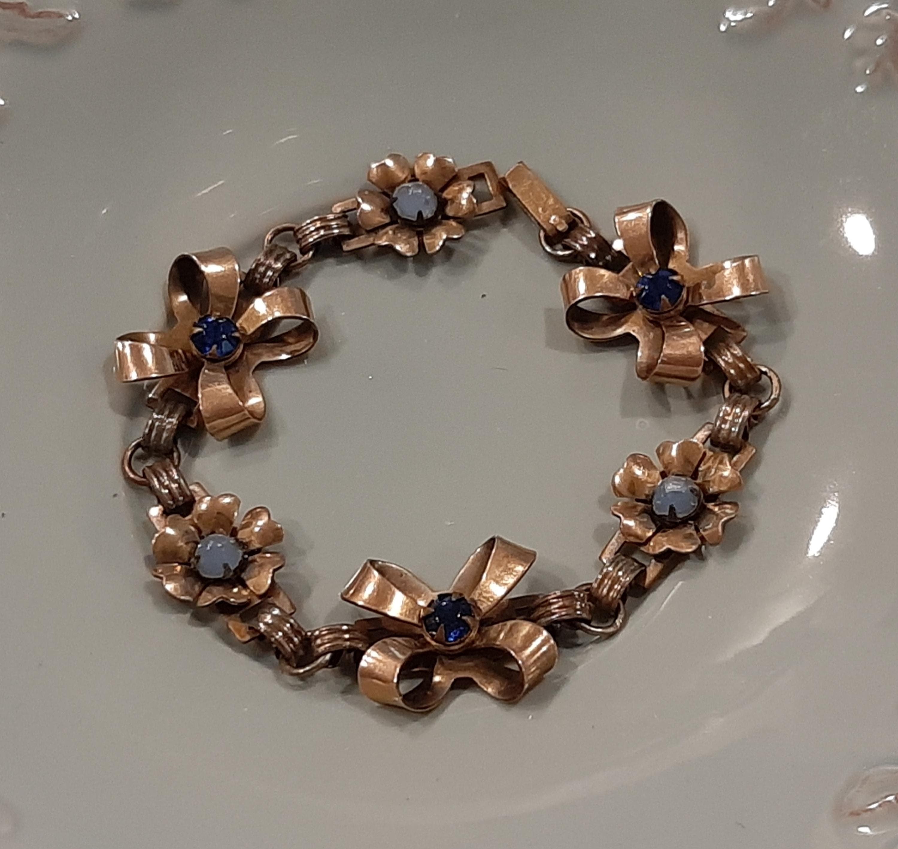Vintage Gold Filled Blue Rhinestones Floral Bow Design Bracelet