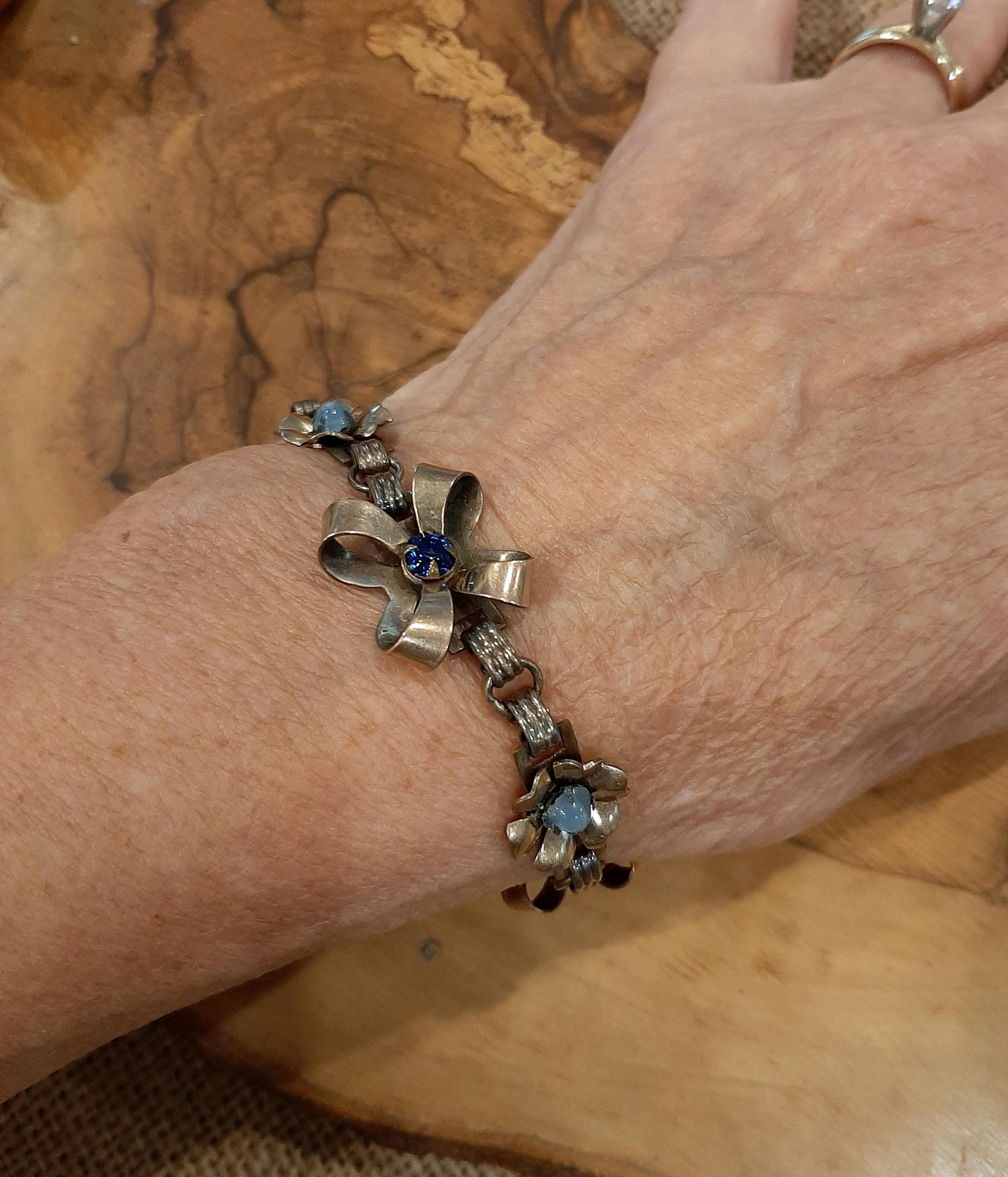 Vintage Gold Filled Blue Rhinestones Floral Bow Design Bracelet - image 3
