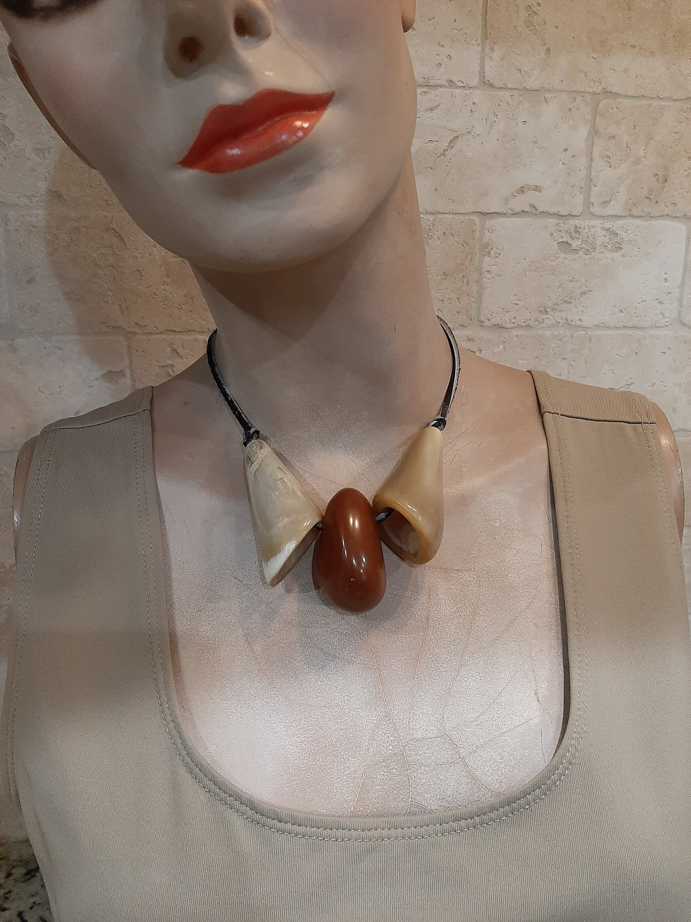 Vintage 1970s Deer Antler Bohemian Boho Bold Funky Statement Necklace with Rawhide Tie - image 4