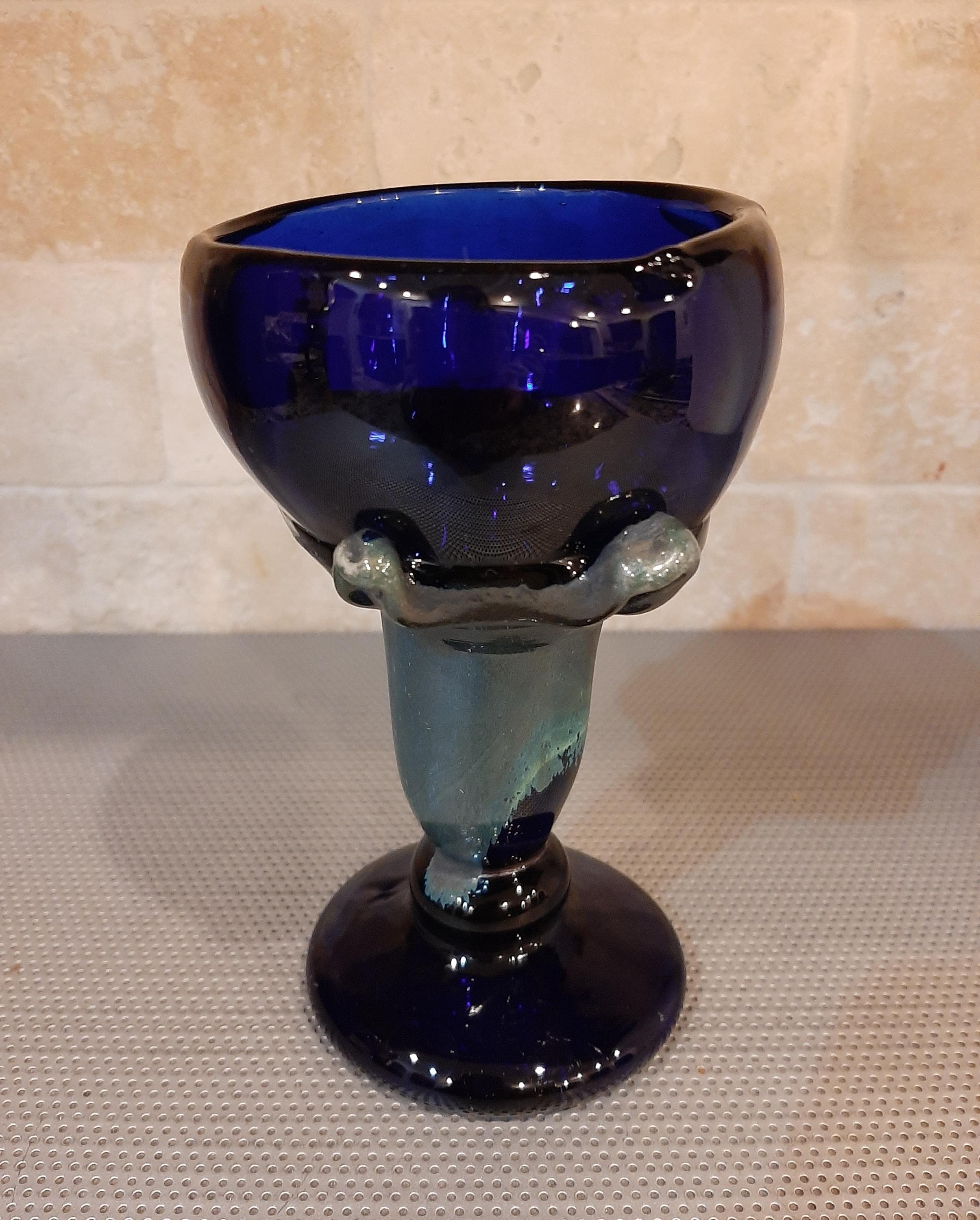 Vintage 1993 Handmade Cobalt Blue Glass Goblet Chalice Teal Stem Heavy and Thick Claw Design
