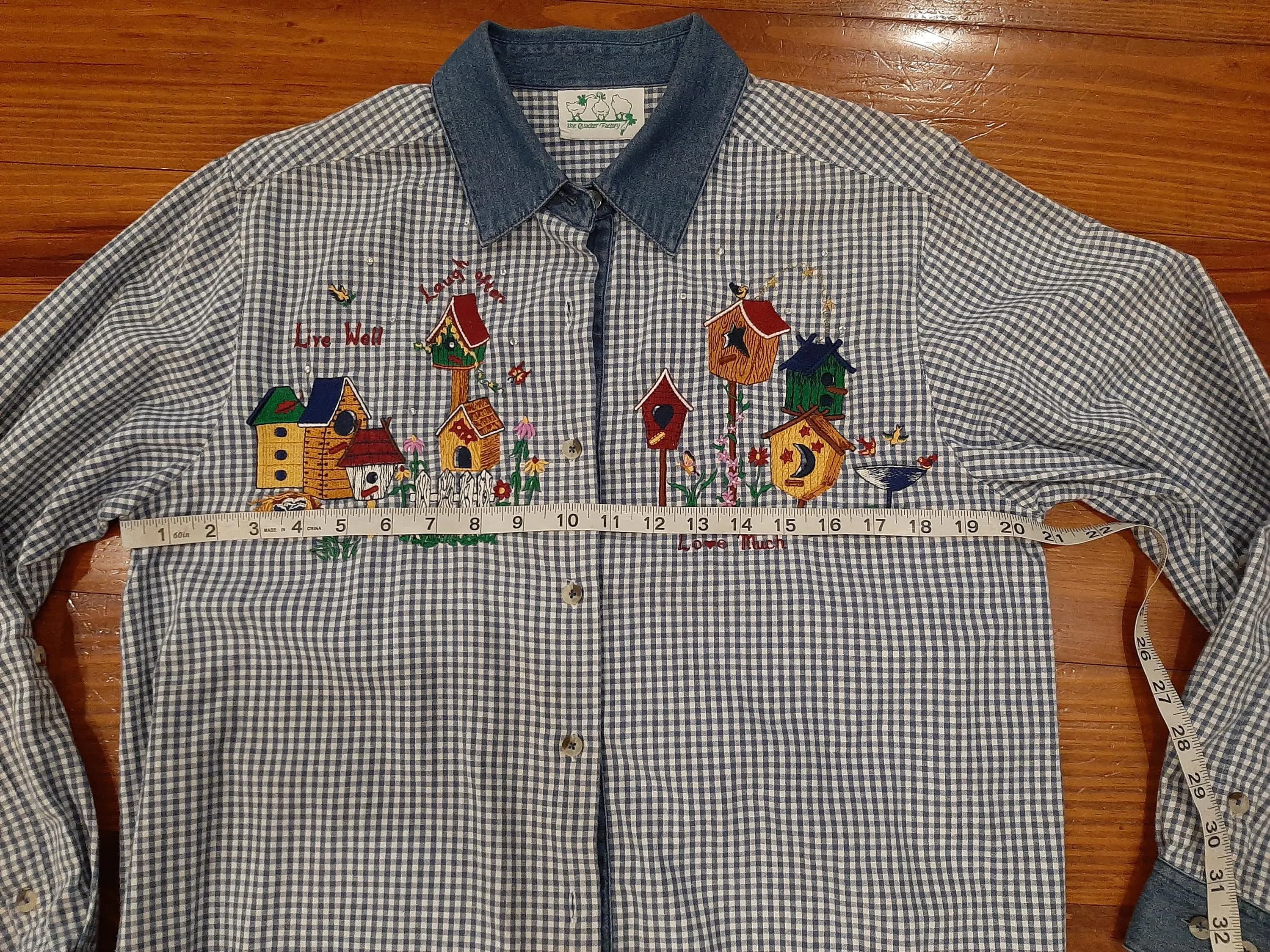 The Quacker Factory Women’s Vintage Gingham Cotton Denim Embroidered Blouse Size L Birdhouses Bird Lover - image 5