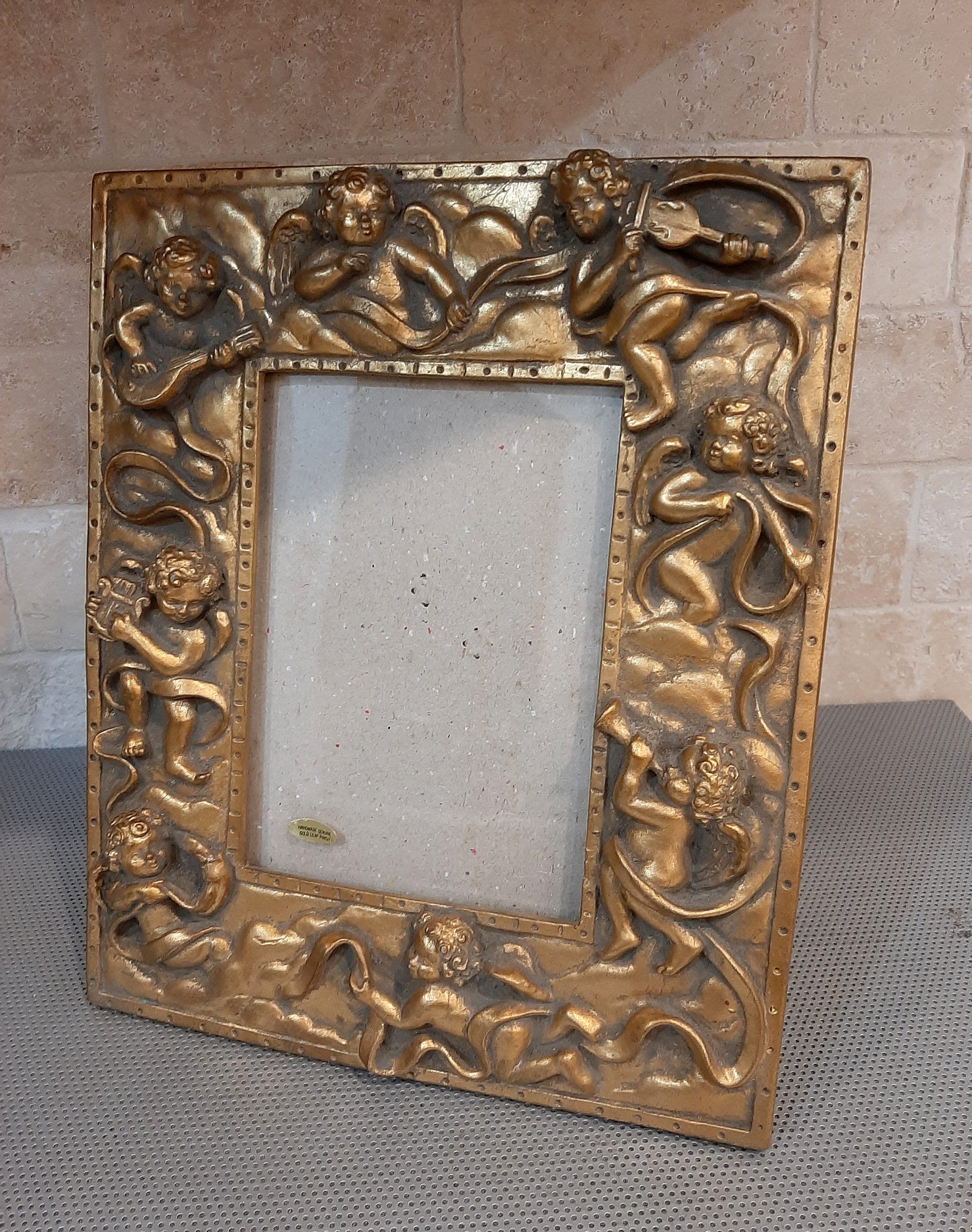 Vintage Heavy Musical Winged Angels Cherubs Harps Handmade Gold Leaf Finish Easel Tabletop Vertical Horizontal Hollywood Regency 5x7 Photo
