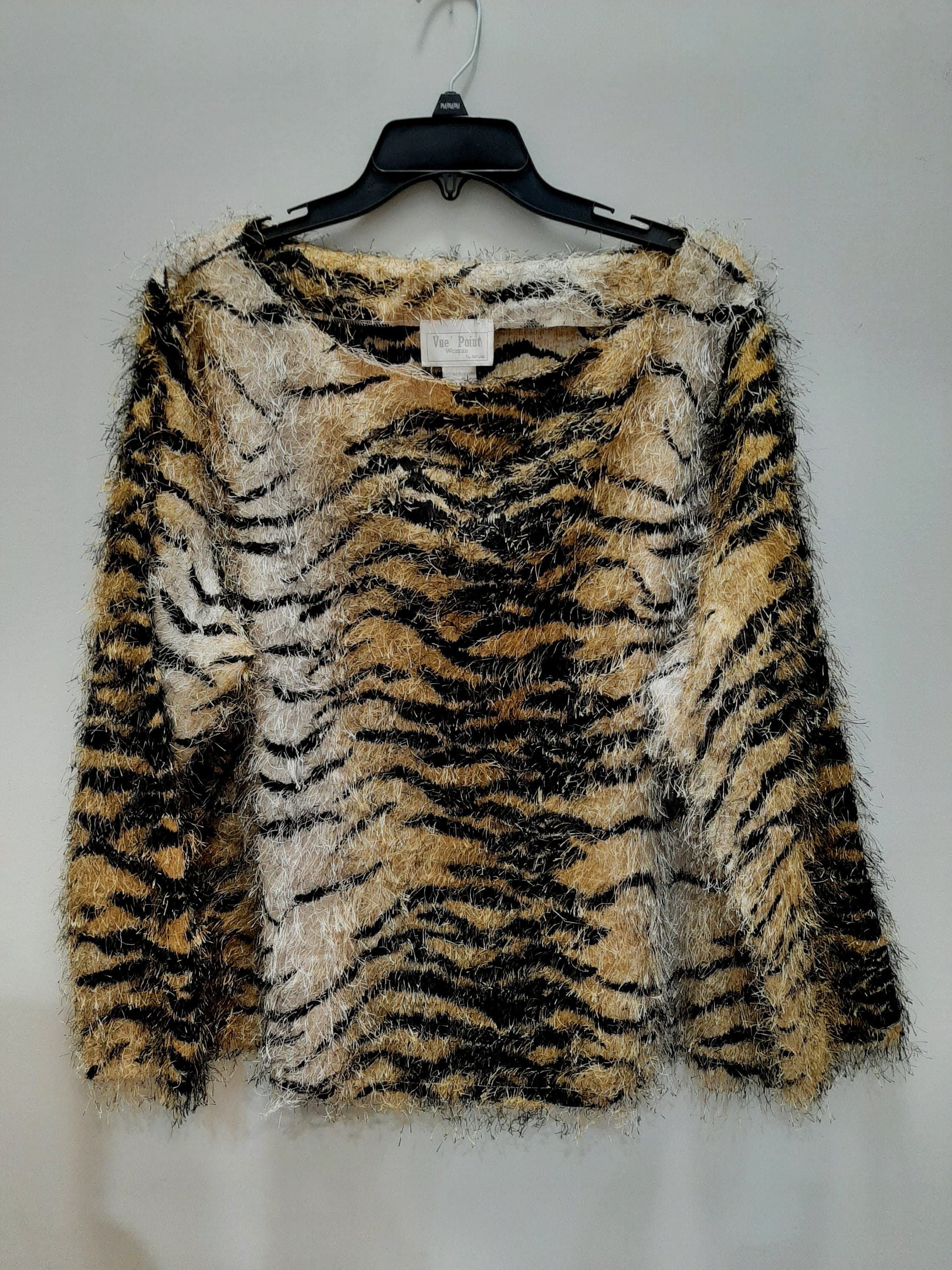 Vintage Vue Point Woman Gold and Black Ombre Tiger Print Fuzzy Hairy Sparkly Metallic Eyelash Yarn Blouse. ~Size 2X