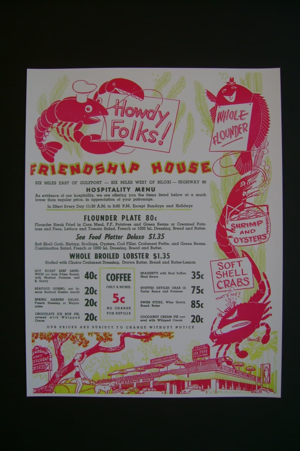 Vintage Advertising Menu Reproduction 1950s Friendship House, Biloxi, Mississippi Gulf Coast - image 3