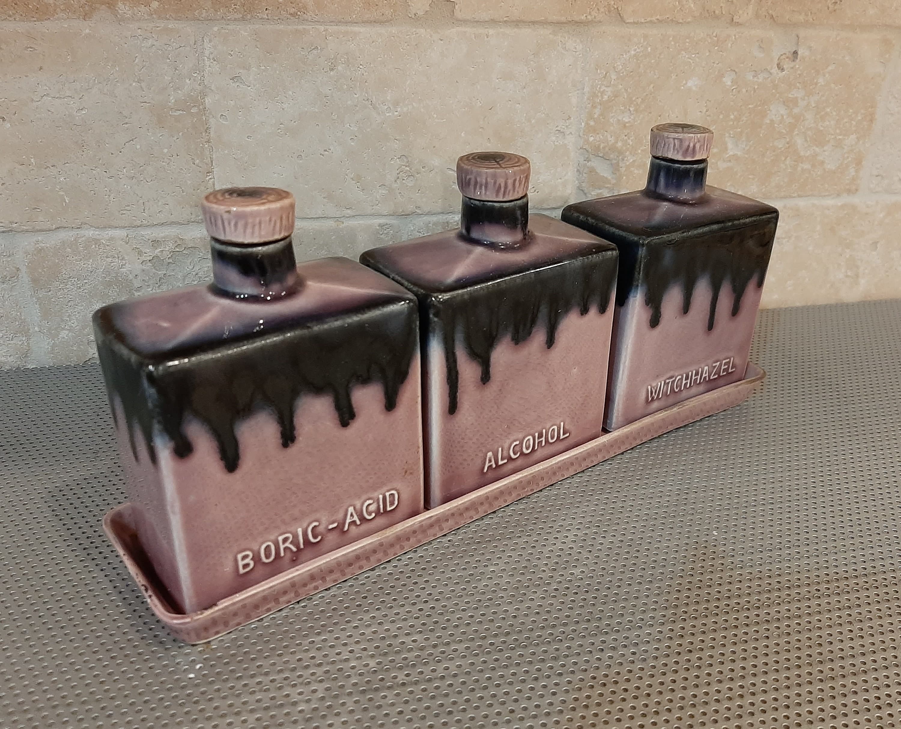 Vintage Germany Glazed Ceramic Porcelain Purple Drip Apothecary Chemists Pharmacy 3 Jar Set on Tray Boric Acid, Alcohol, Witch Hazel