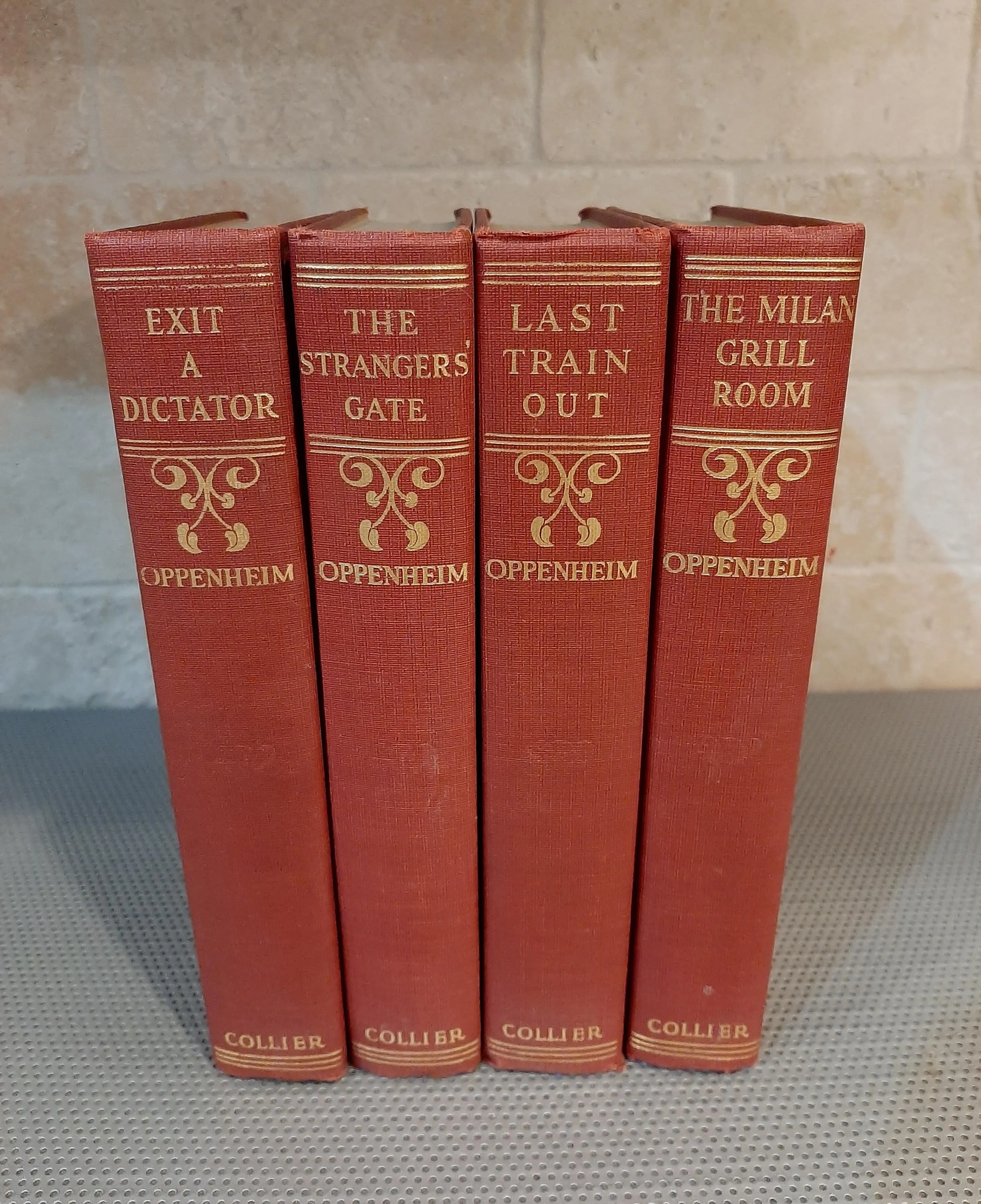 Vintage 1940s E. Phillips Oppenheim Milan Grill Room, Exit a Dictator, The Strangers Gate, Last Train Out - Four Red Décor Books Thrillers