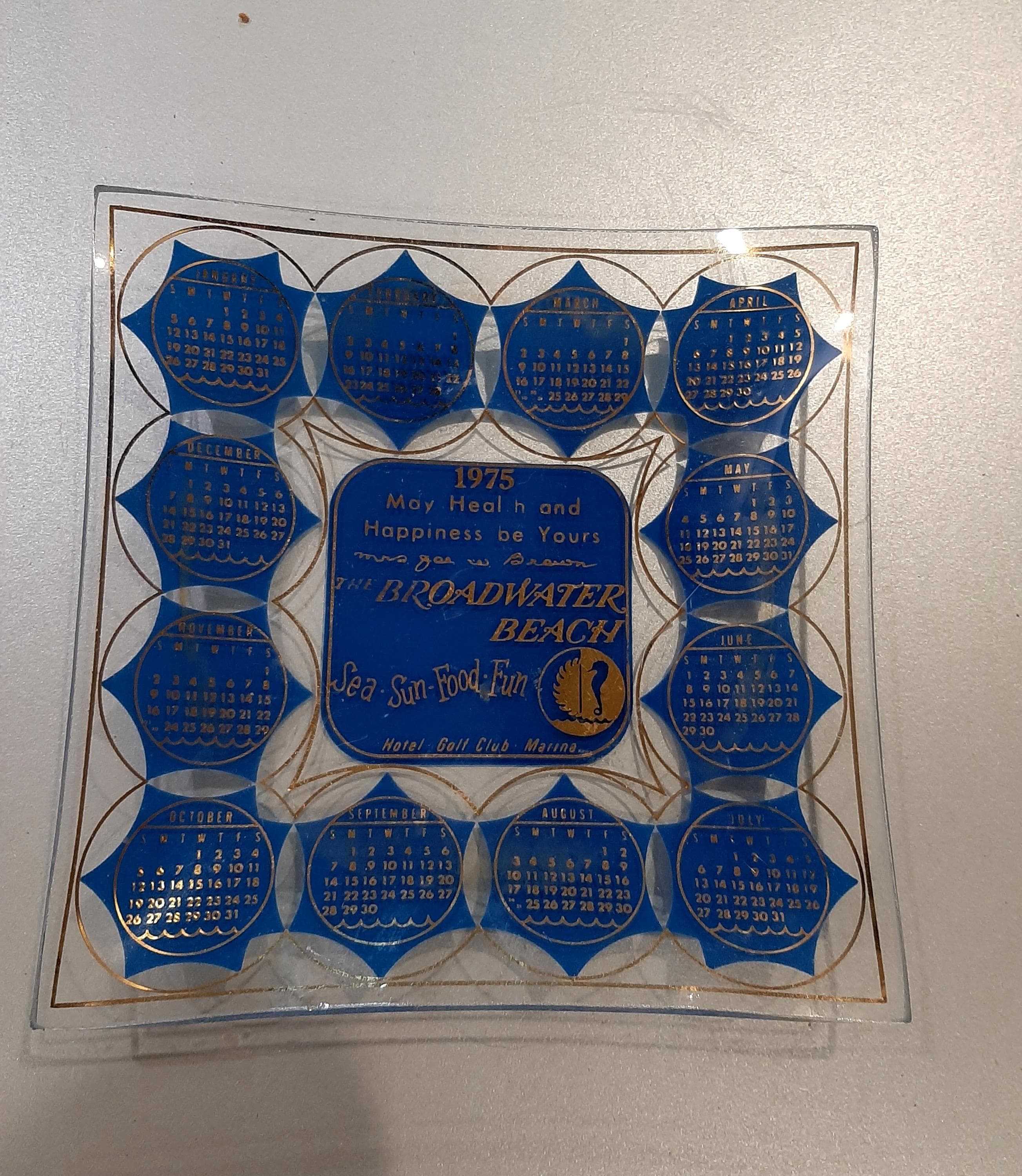 Vintage 1975 Broadwater Beach Hotel Biloxi Mississippi Glass Calendar Souvenir Trinket Dish Ashtray