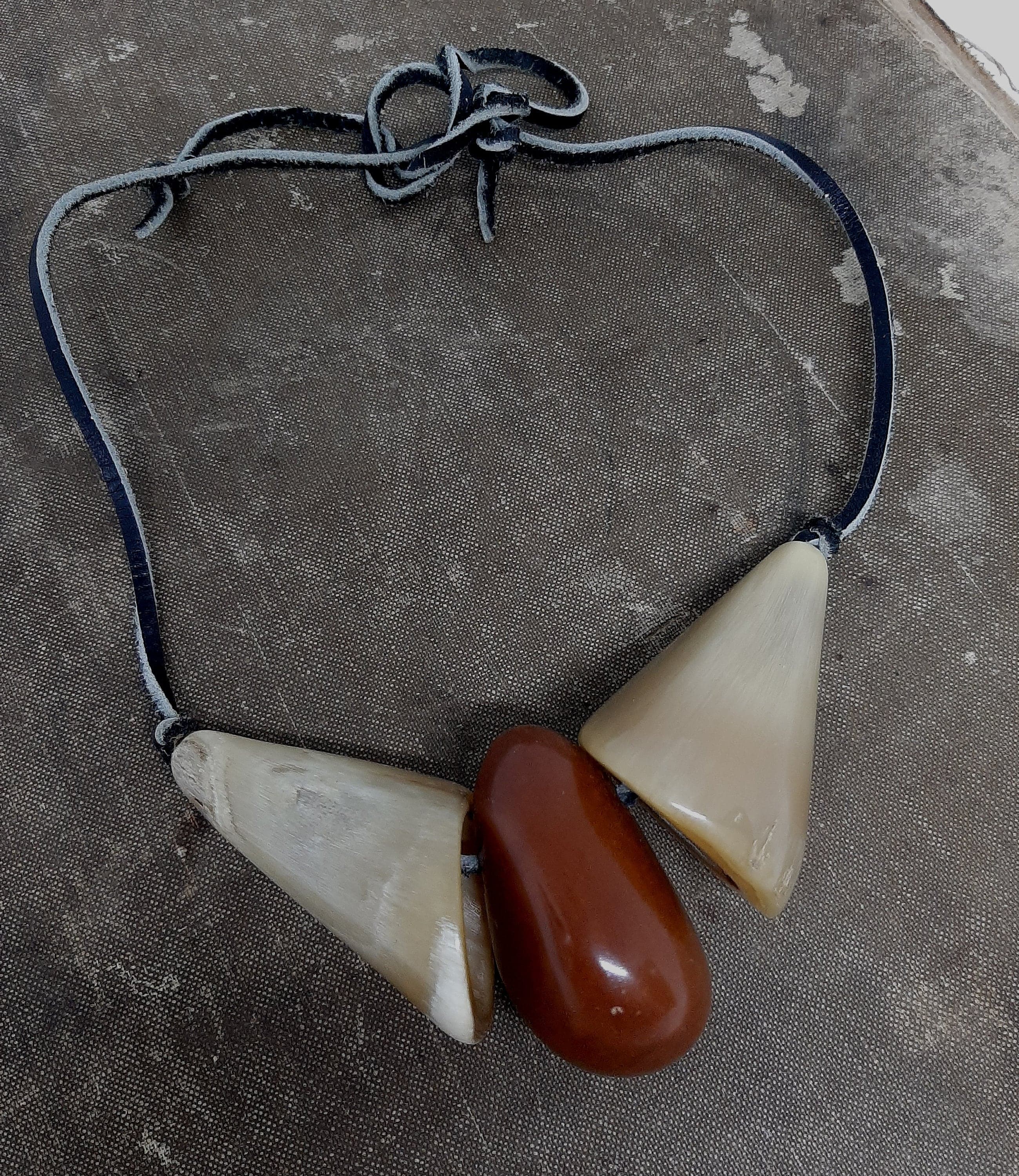 Vintage 1970s Deer Antler Bohemian Boho Bold Funky Statement Necklace with Rawhide Tie - image 3