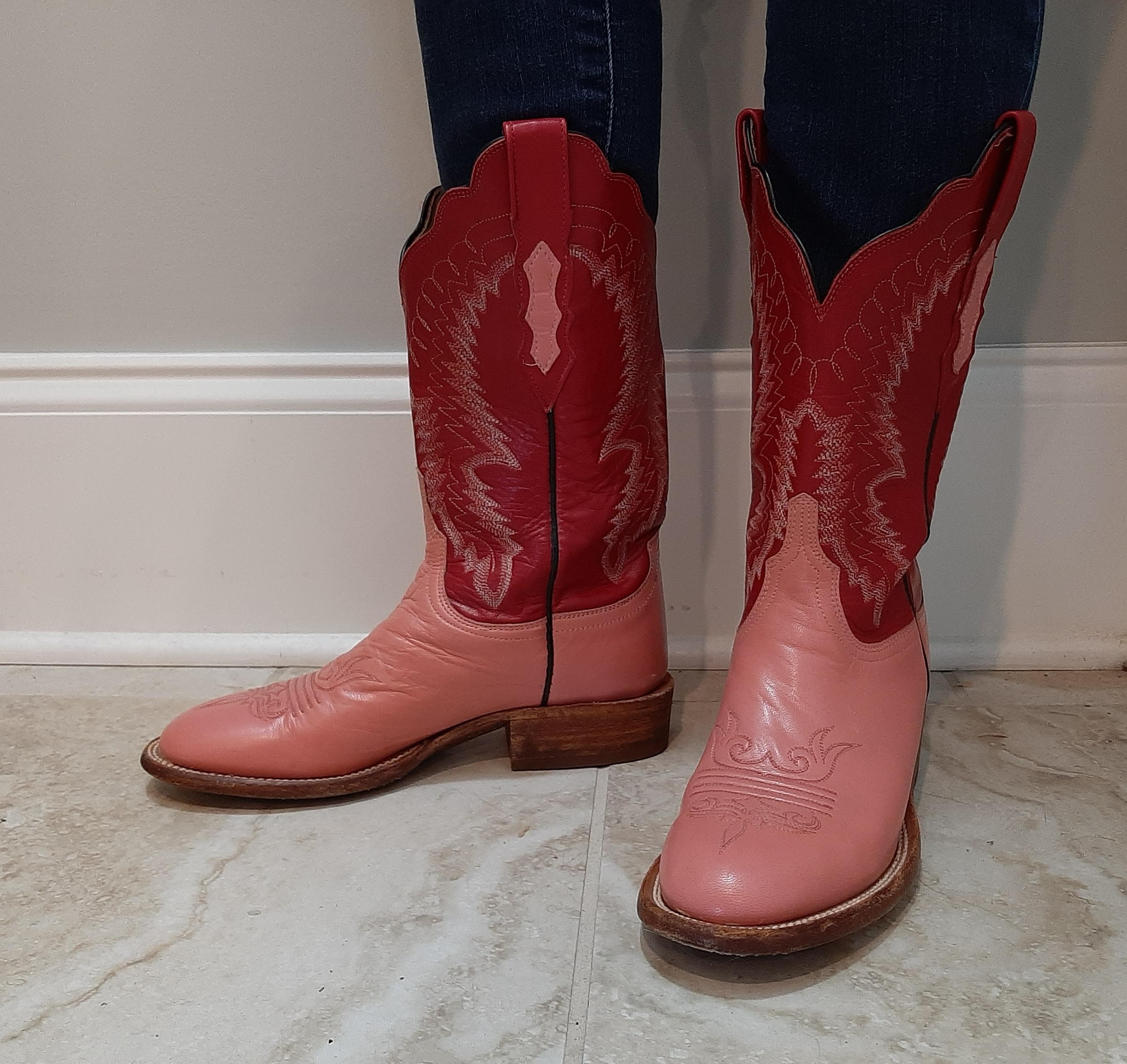 Women's Lucchese 2000 Pink/Red Leather Cowgirl Western Boots 7 1/2 B RARE COLOR - image 3