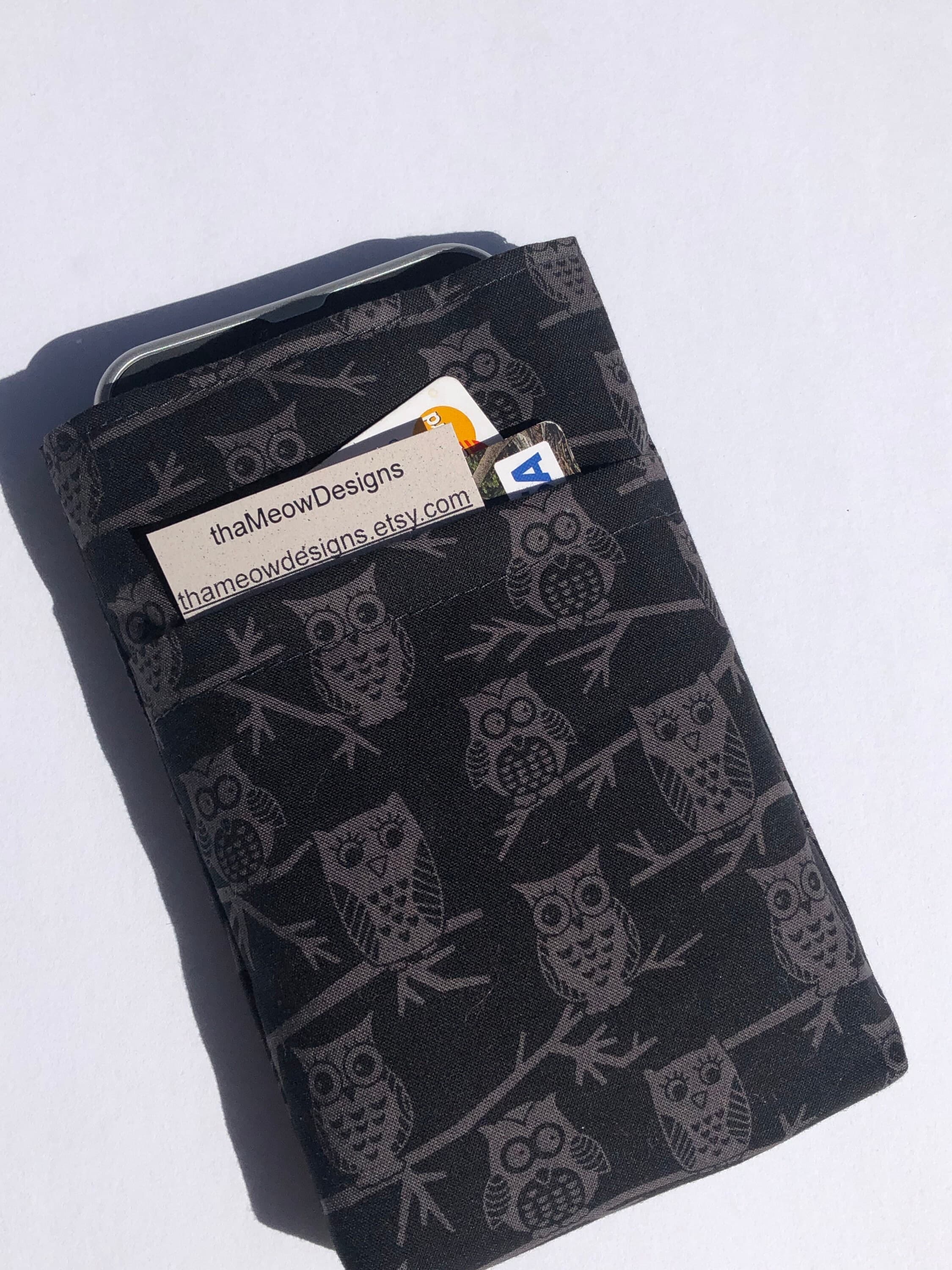 Cell Phone Sleeve Wallet pocket: Handmade Cotton front pocket fits all cellphones- gray owls - image 4