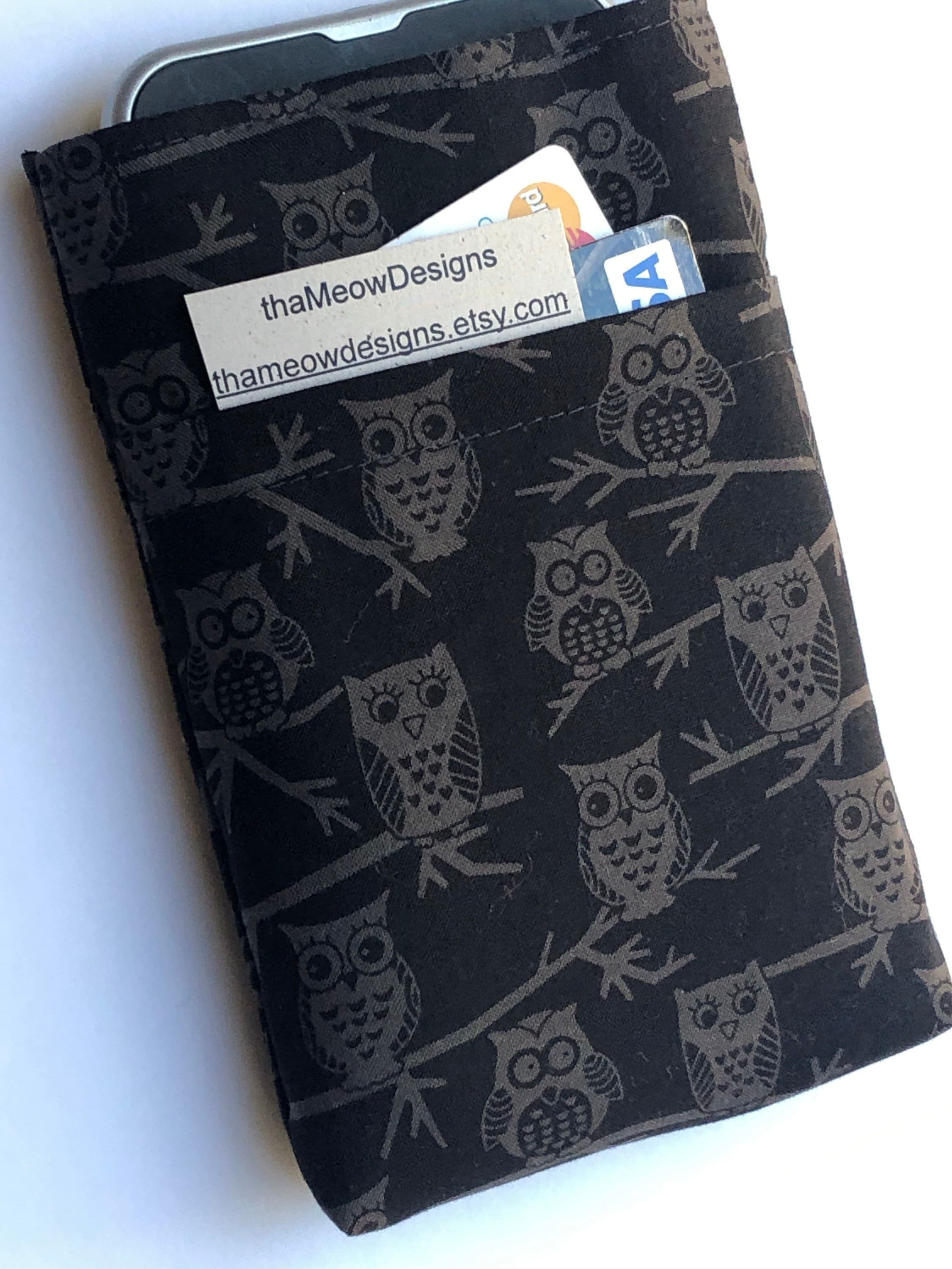 Cell Phone Sleeve Wallet pocket: Handmade Cotton front pocket fits all cellphones- gray owls - image 3