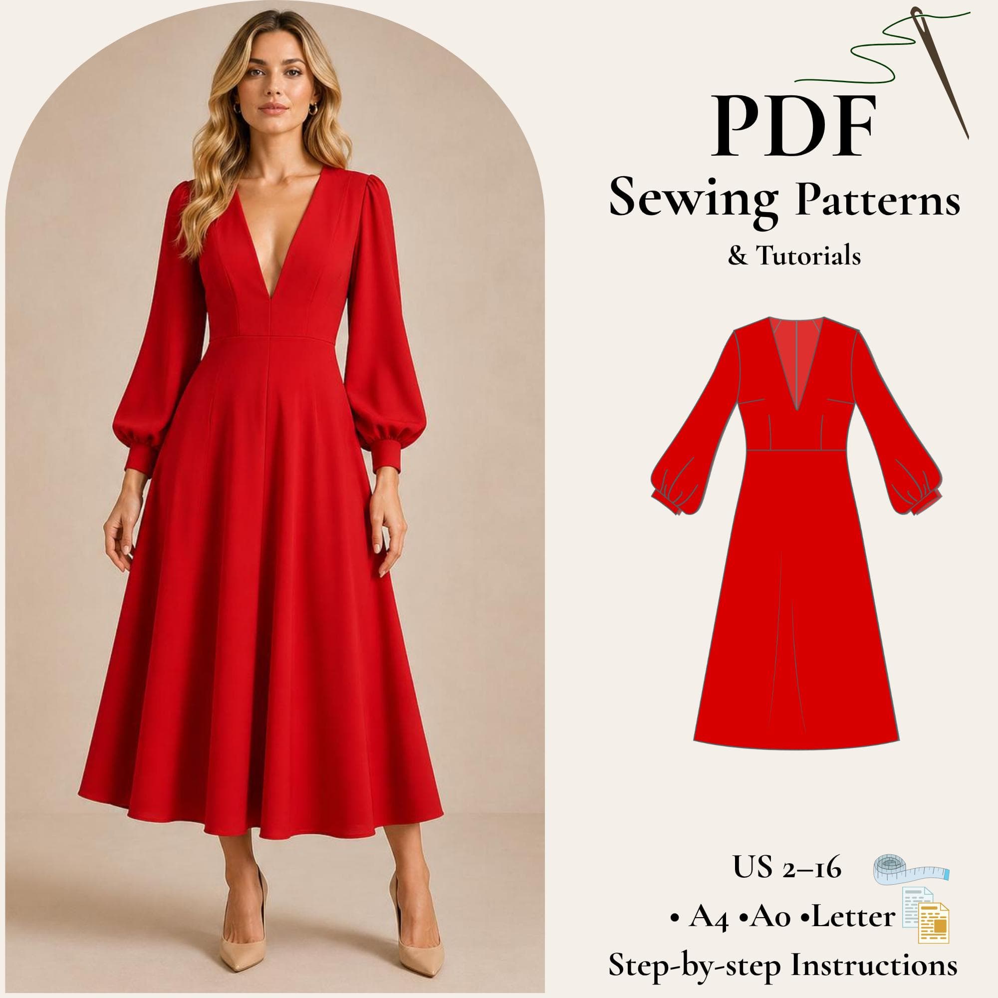 V Neck Long Dress Sewing Pattern PDF, Bishop Sleeve Maxi Dress Pattern, Women Dress PDF, A4 A0 Letter, US 2-16, Instant Download