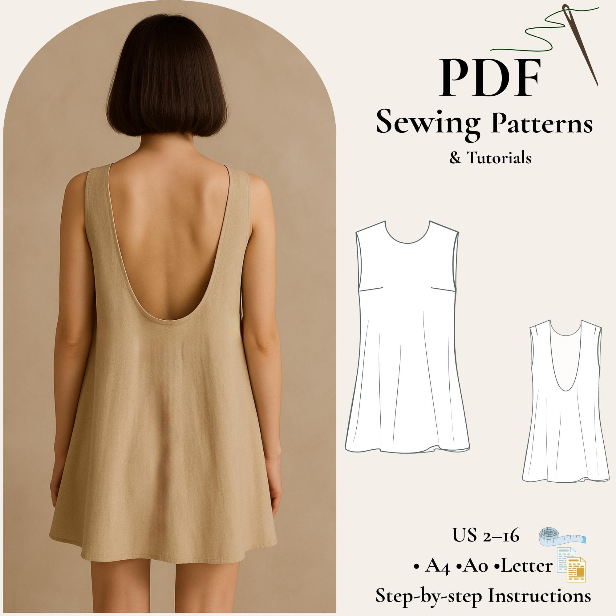 Minimalist Linen Mini Dress Sewing Pattern PDF, Backless A-Line Dress Pattern, Loose Summer Dress XS-5XL