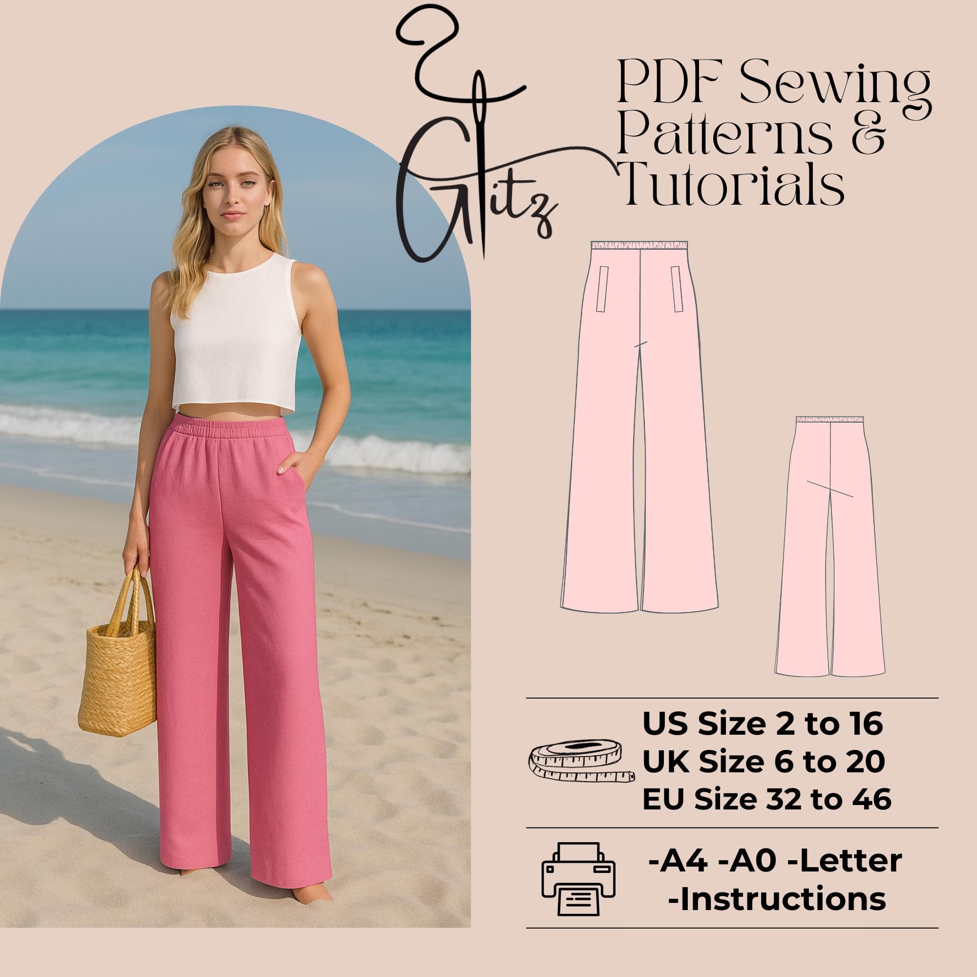 Elastic Waist Pants Sewing Pattern | Wide Leg Linen Trousers (PDF Pattern)